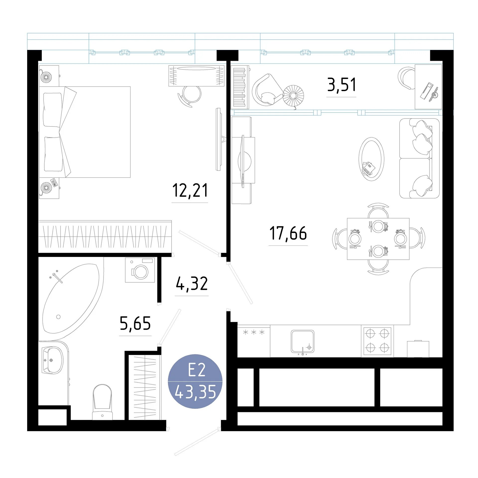 Планировка Квартира с одной спальней и гостиной 21 м² (Евро-2)