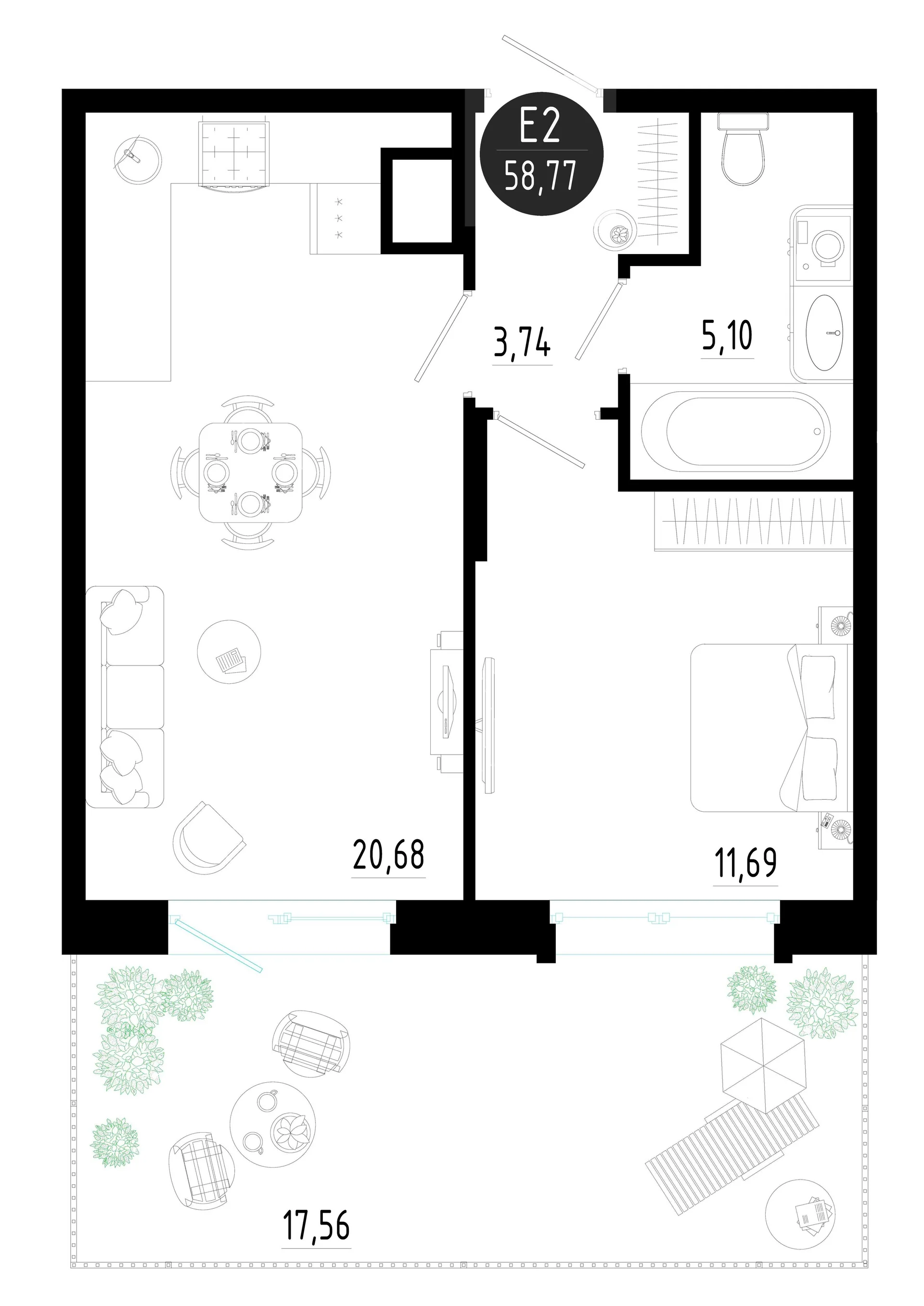 Планировка Квартира с одной спальней и гостиной 21 м² (Евро-2)