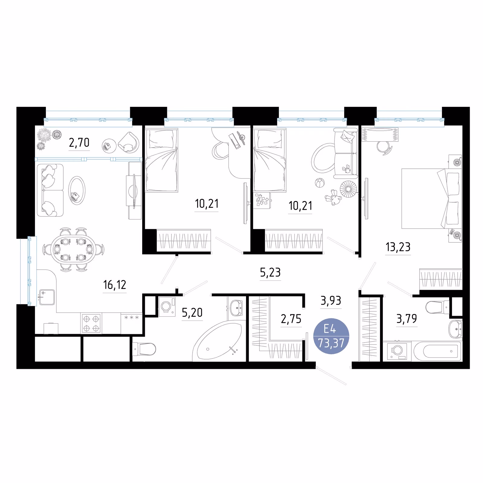 Планировка Квартира с тремя спальнями и гостиной 19 м² (Евро-4)