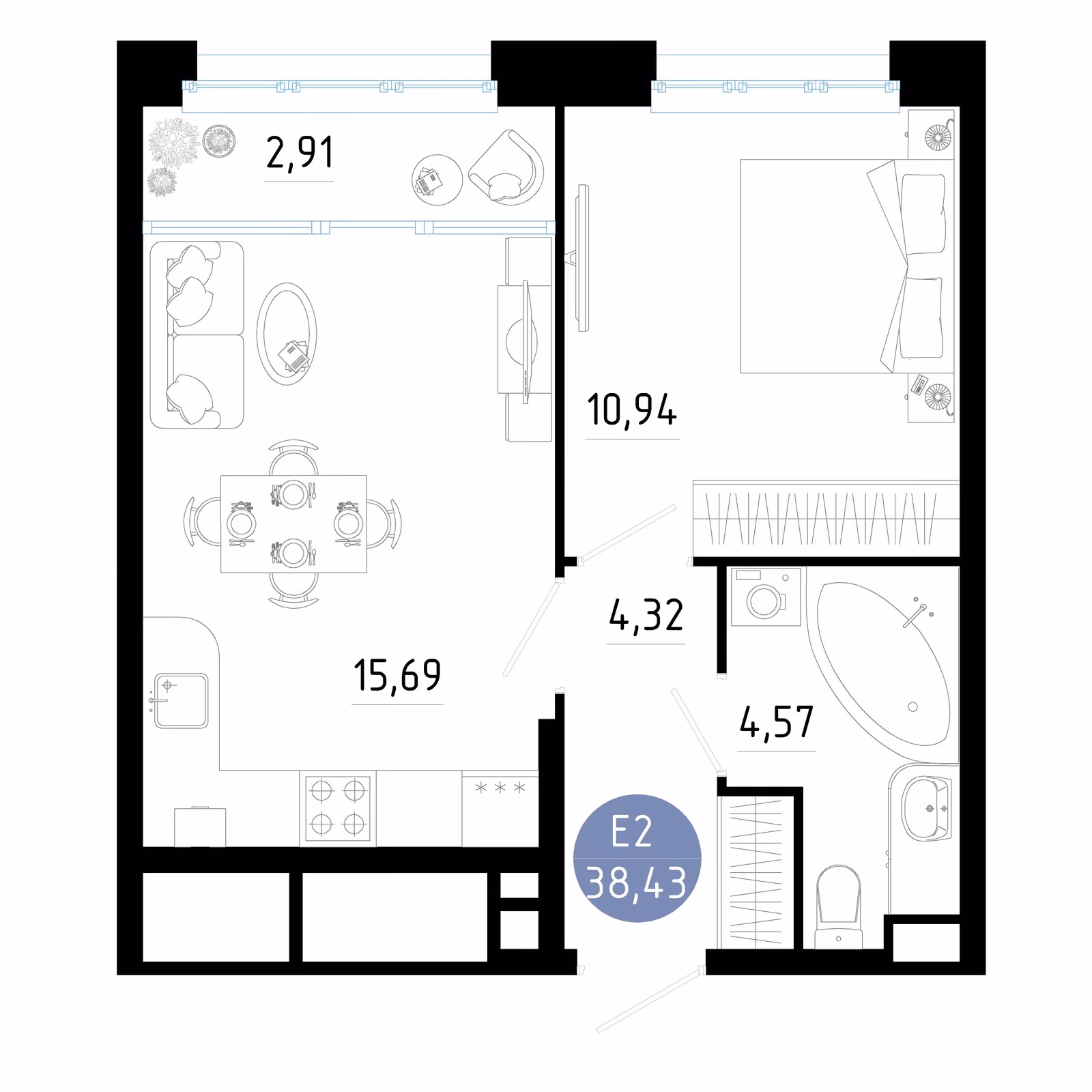 Планировка Квартира с одной спальней и гостиной 19 м² (Евро-2)