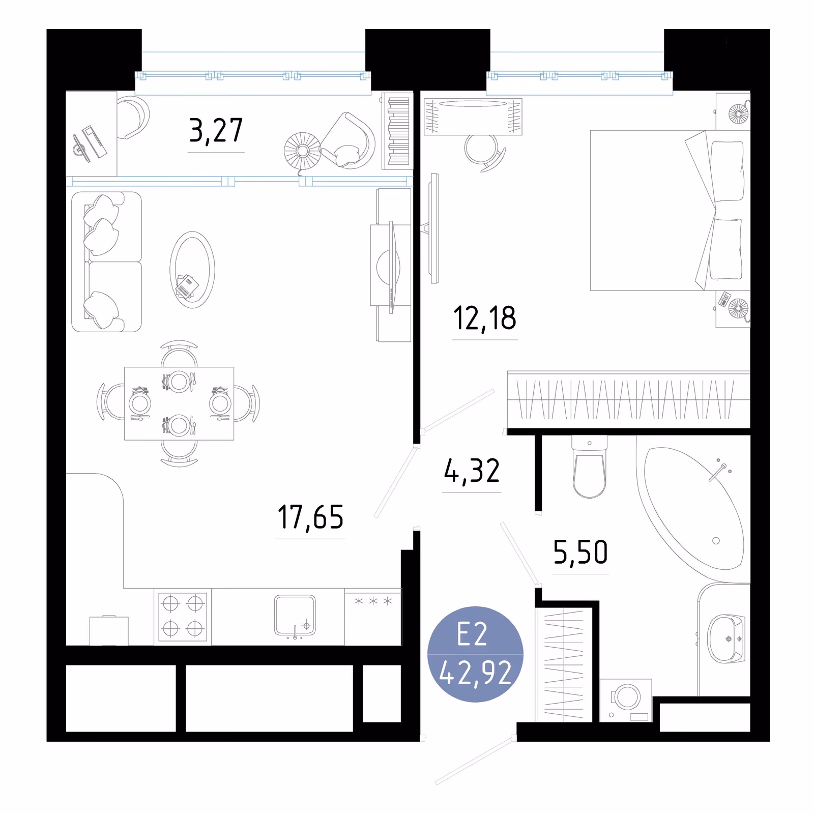 Планировка Квартира с одной спальней и гостиной 21 м² (Евро-2)