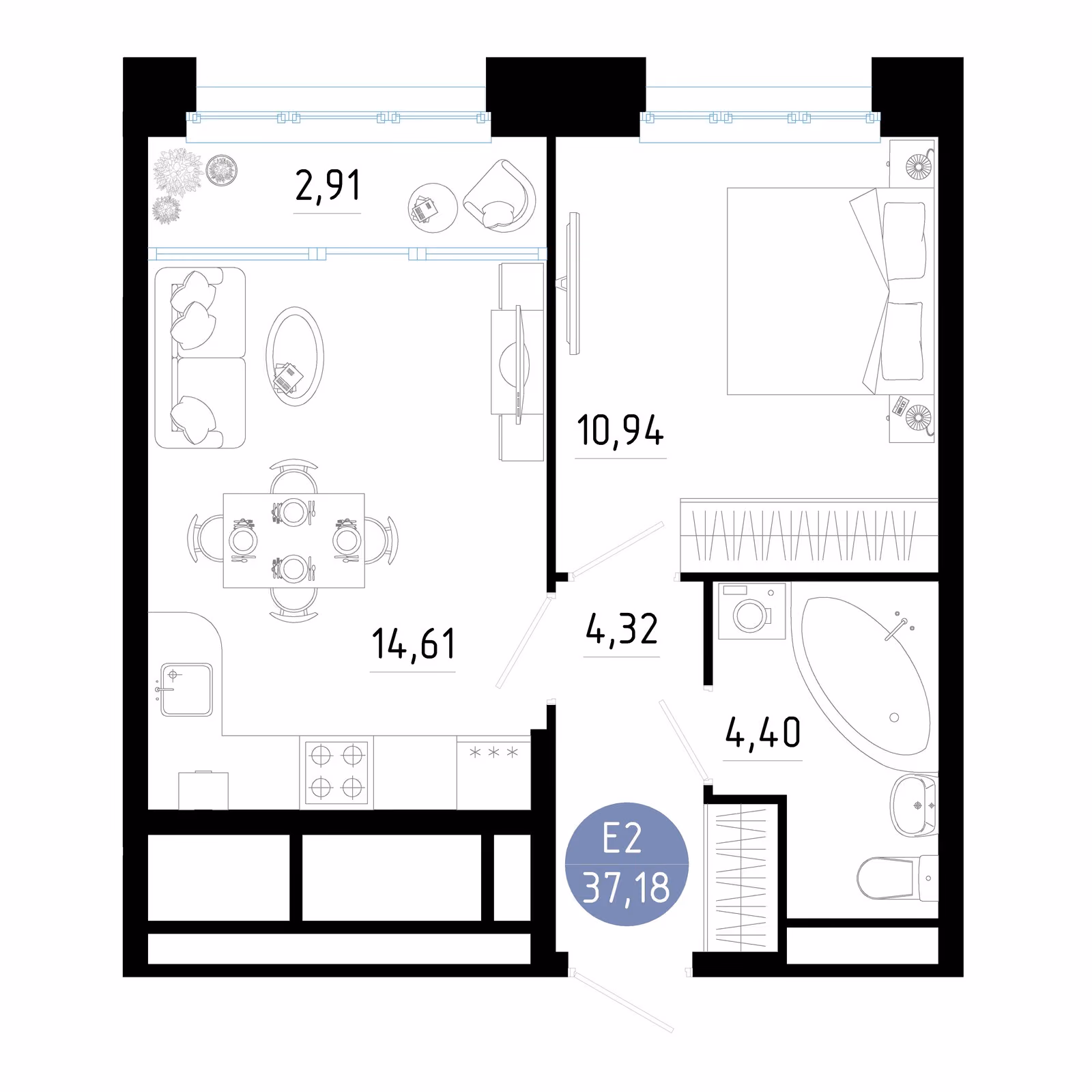 Планировка Квартира с одной спальней и гостиной 18 м² (Евро-2)