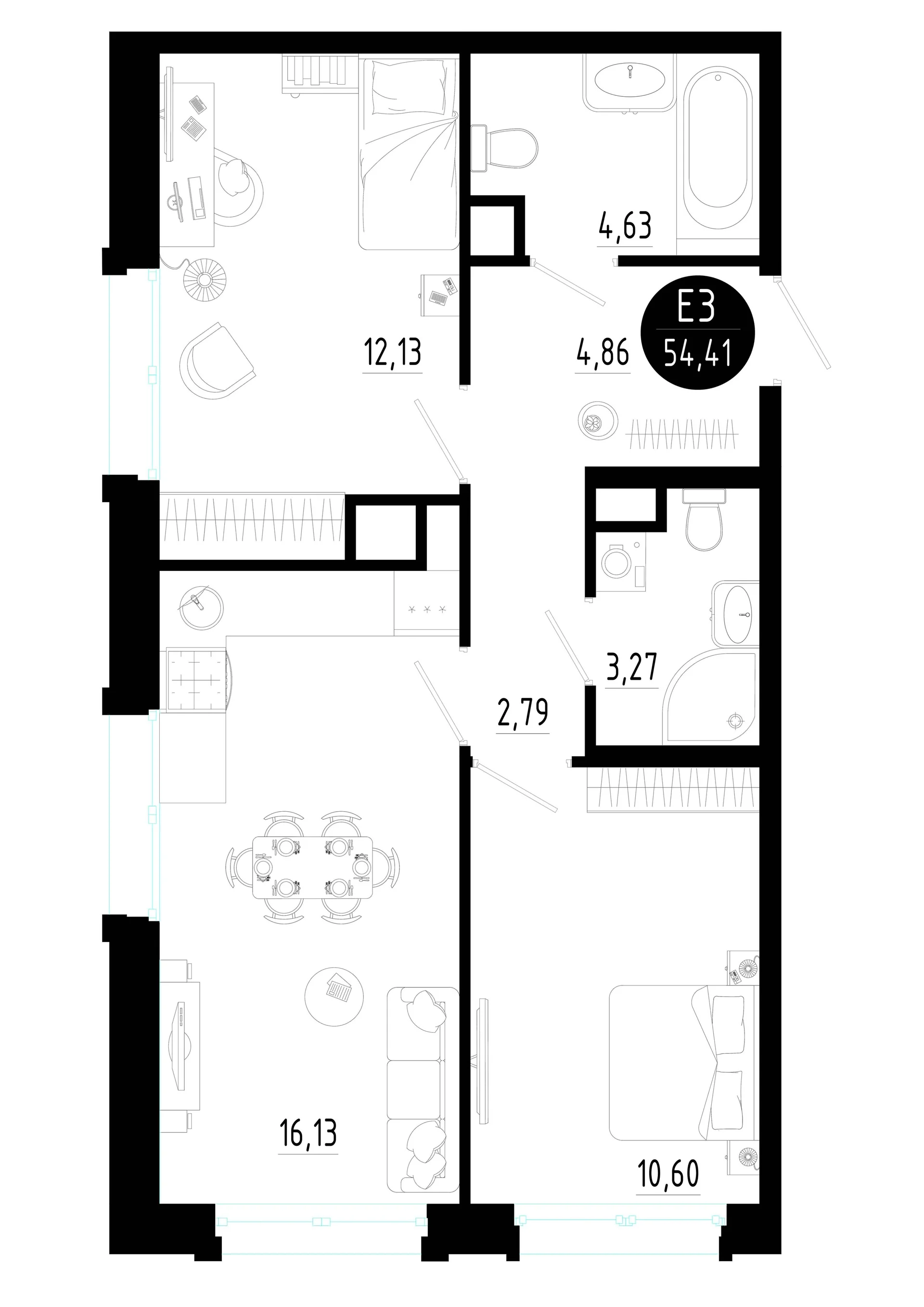 Планировка Квартира с двумя спальнями и гостиной 16 м² (Евро-3)