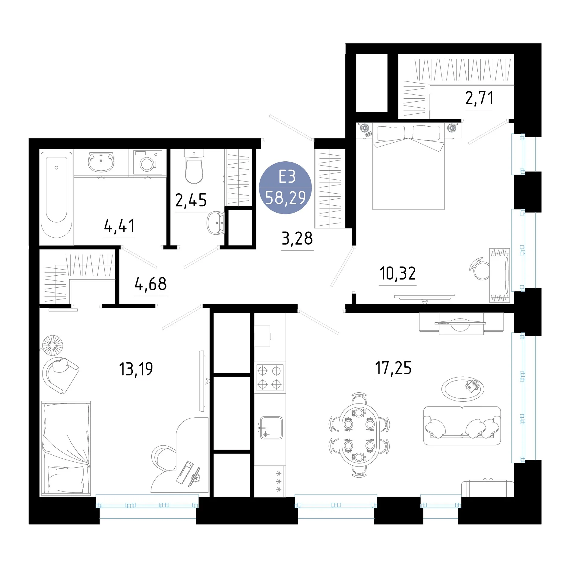Планировка Квартира с двумя спальнями и гостиной 17 м² (Евро-3)