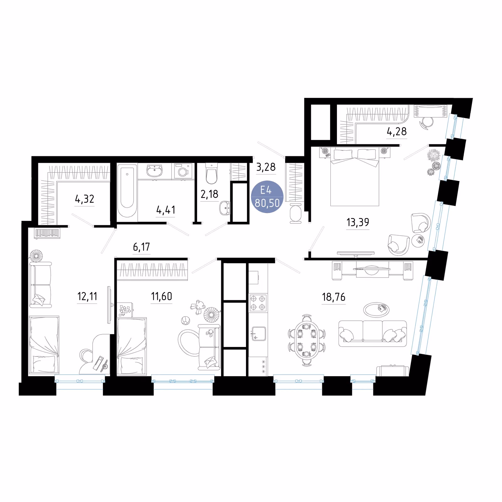 Планировка Квартира с тремя спальнями и гостиной 19 м² (Евро-4)