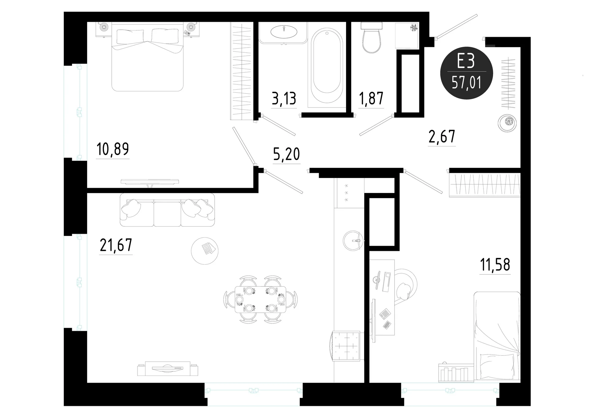 Планировка Квартира с двумя спальнями и гостиной 22 м² (Евро-3)