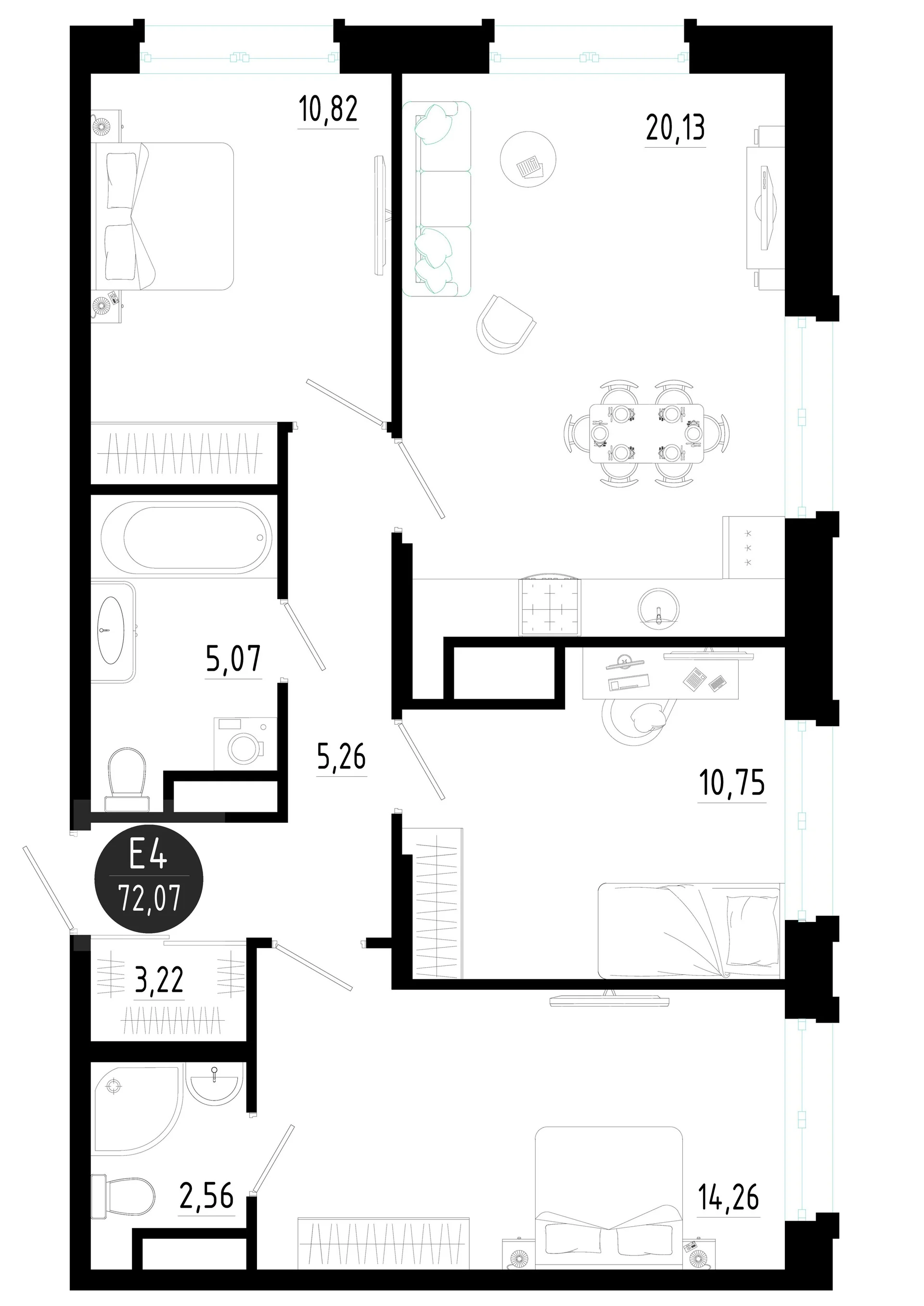 Планировка Квартира с тремя спальнями и гостиной 20 м² (Евро-4)