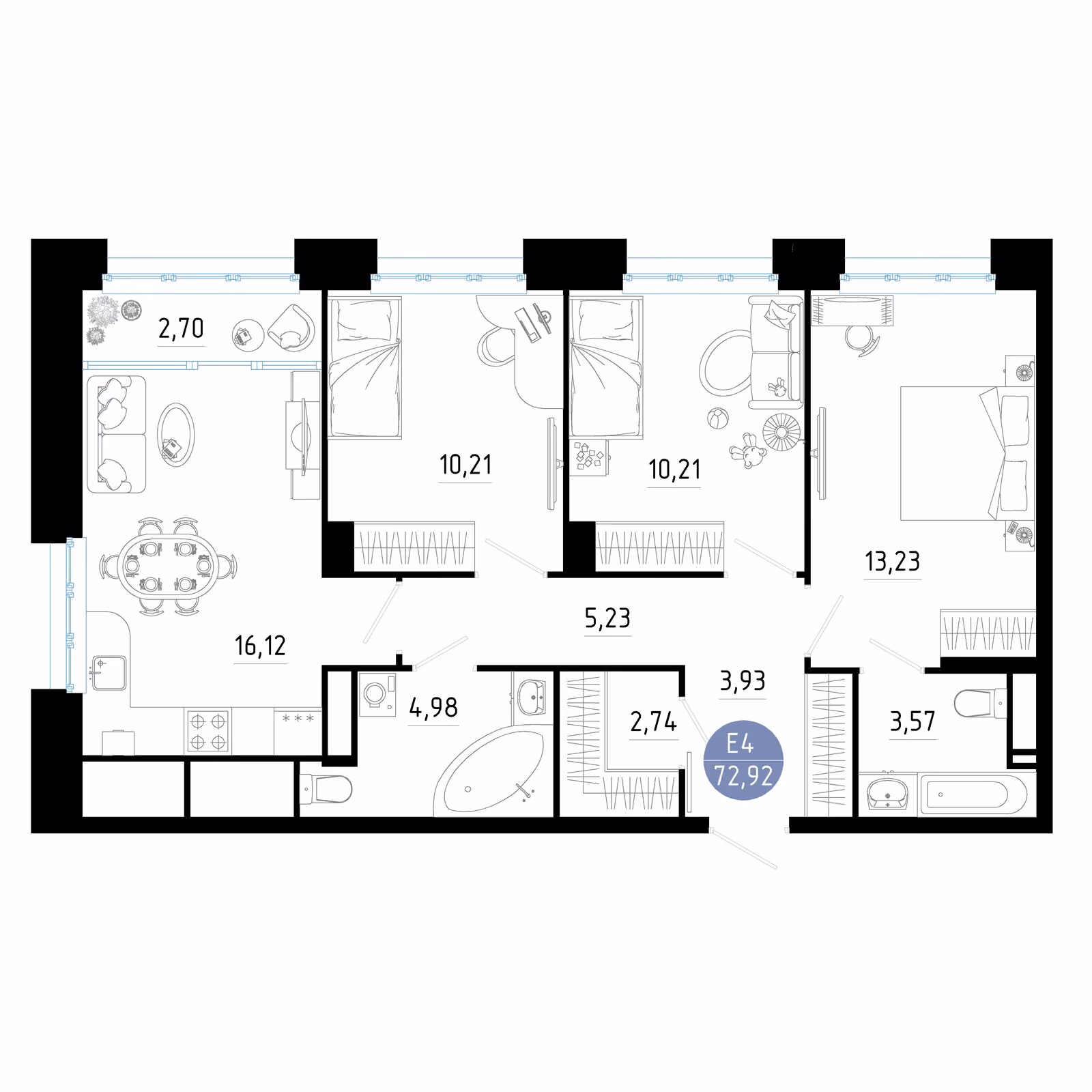 Планировка Квартира с тремя спальнями и гостиной 19 м² (Евро-4)