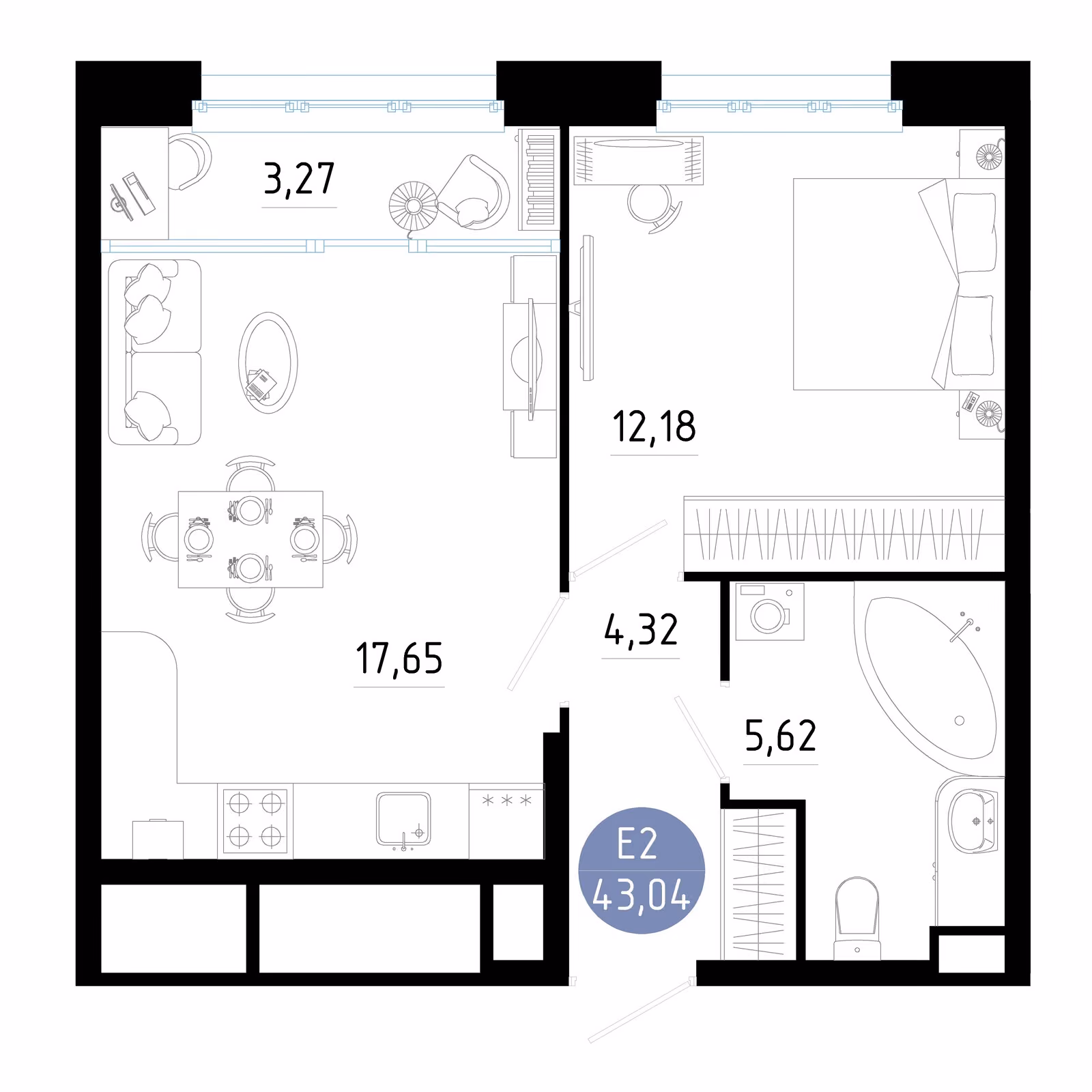 Планировка Квартира с одной спальней и гостиной 21 м² (Евро-2)