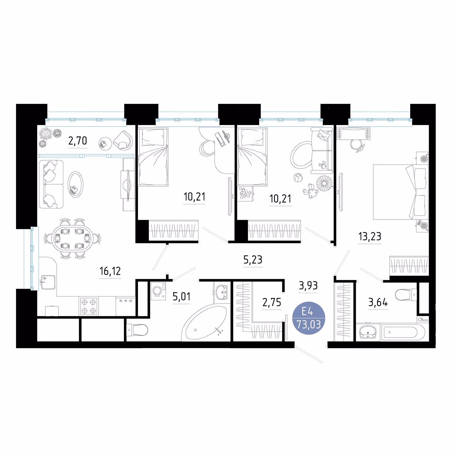 Планировка Квартира с тремя спальнями и гостиной 19 м² (Евро-4)