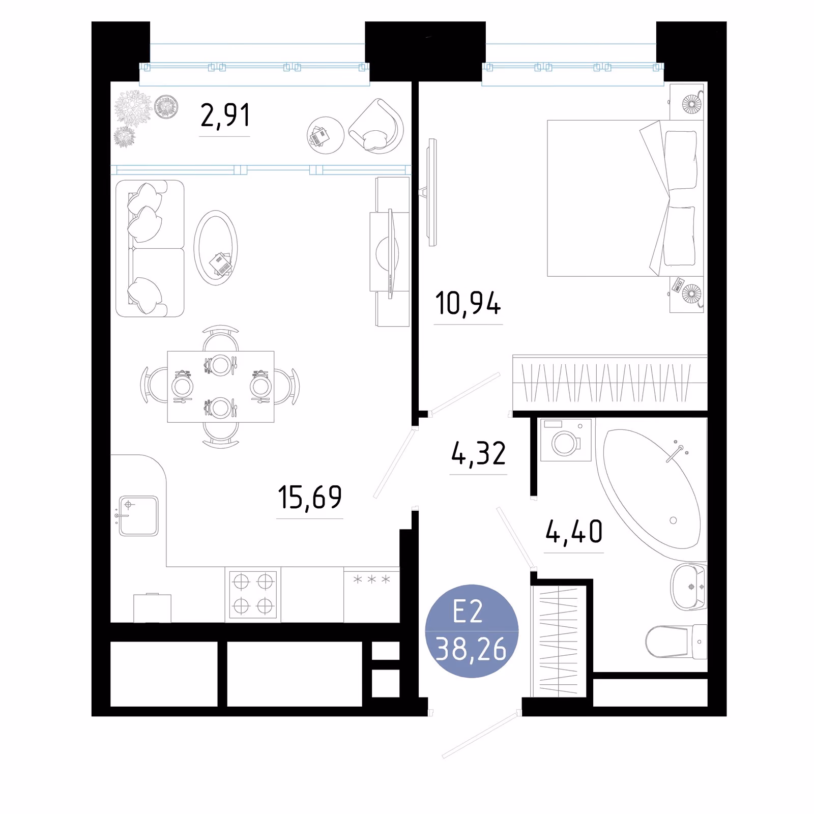 Планировка Квартира с одной спальней и гостиной 19 м² (Евро-2)