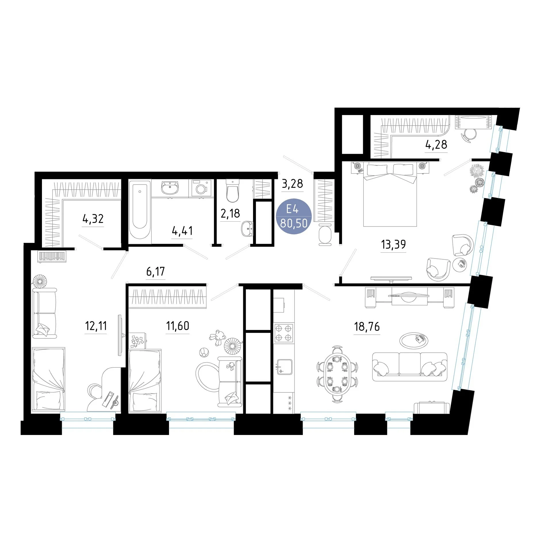 Планировка Квартира с тремя спальнями и гостиной 19 м² (Евро-4)