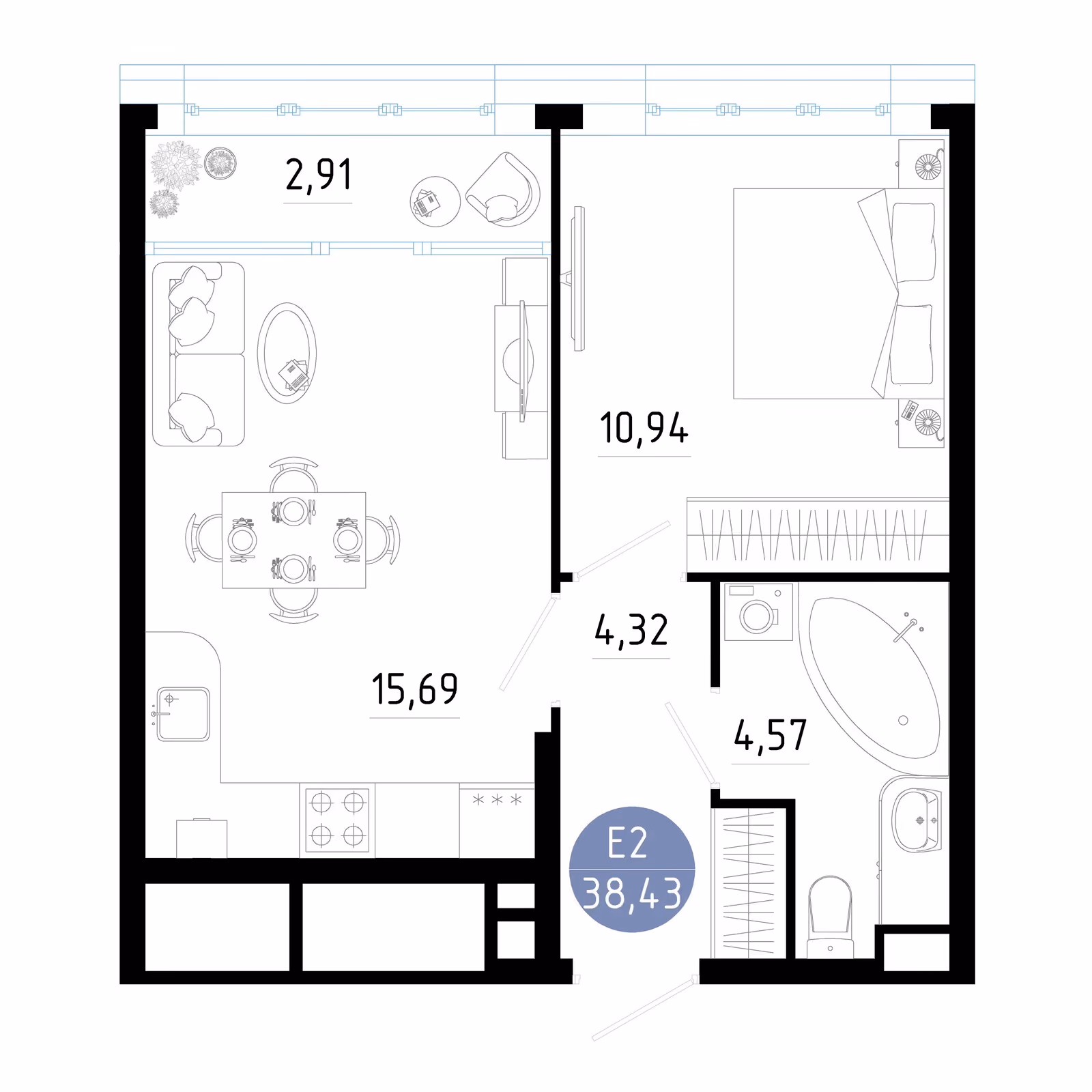 Планировка Квартира с одной спальней и гостиной 19 м² (Евро-2)