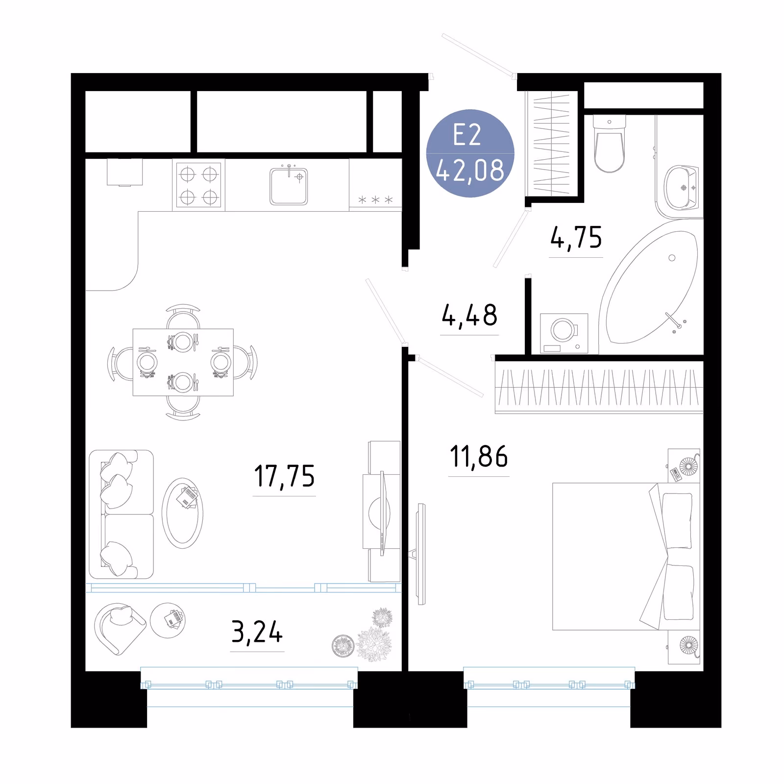 Планировка Квартира с одной спальней и гостиной 21 м² (Евро-2)