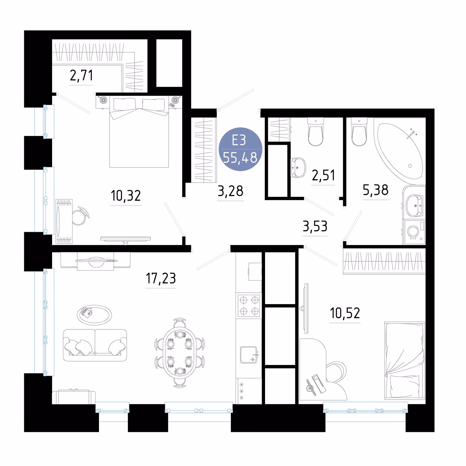 Планировка Квартира с двумя спальнями и гостиной 17 м² (Евро-3)