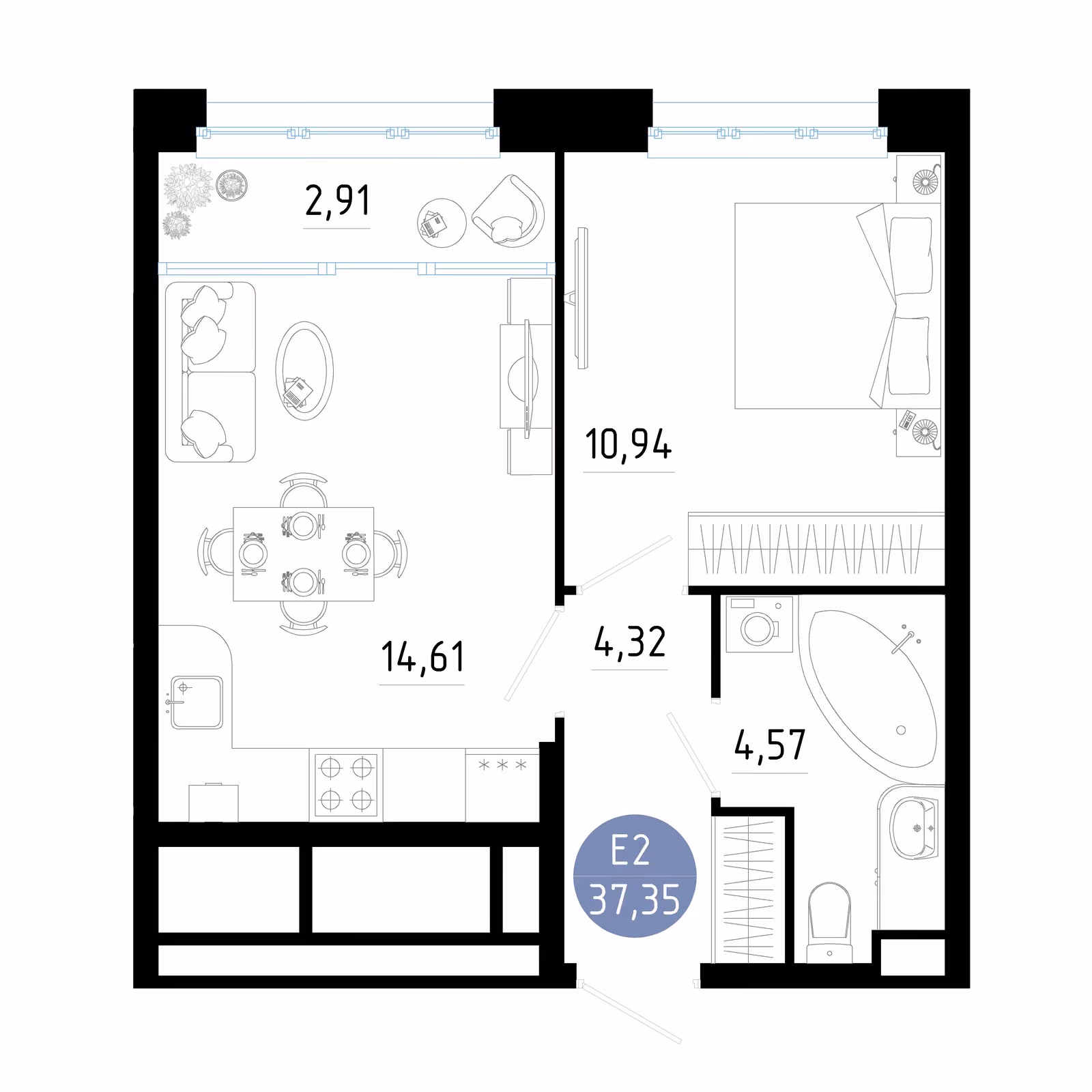 Планировка Квартира с одной спальней и гостиной 18 м² (Евро-2)