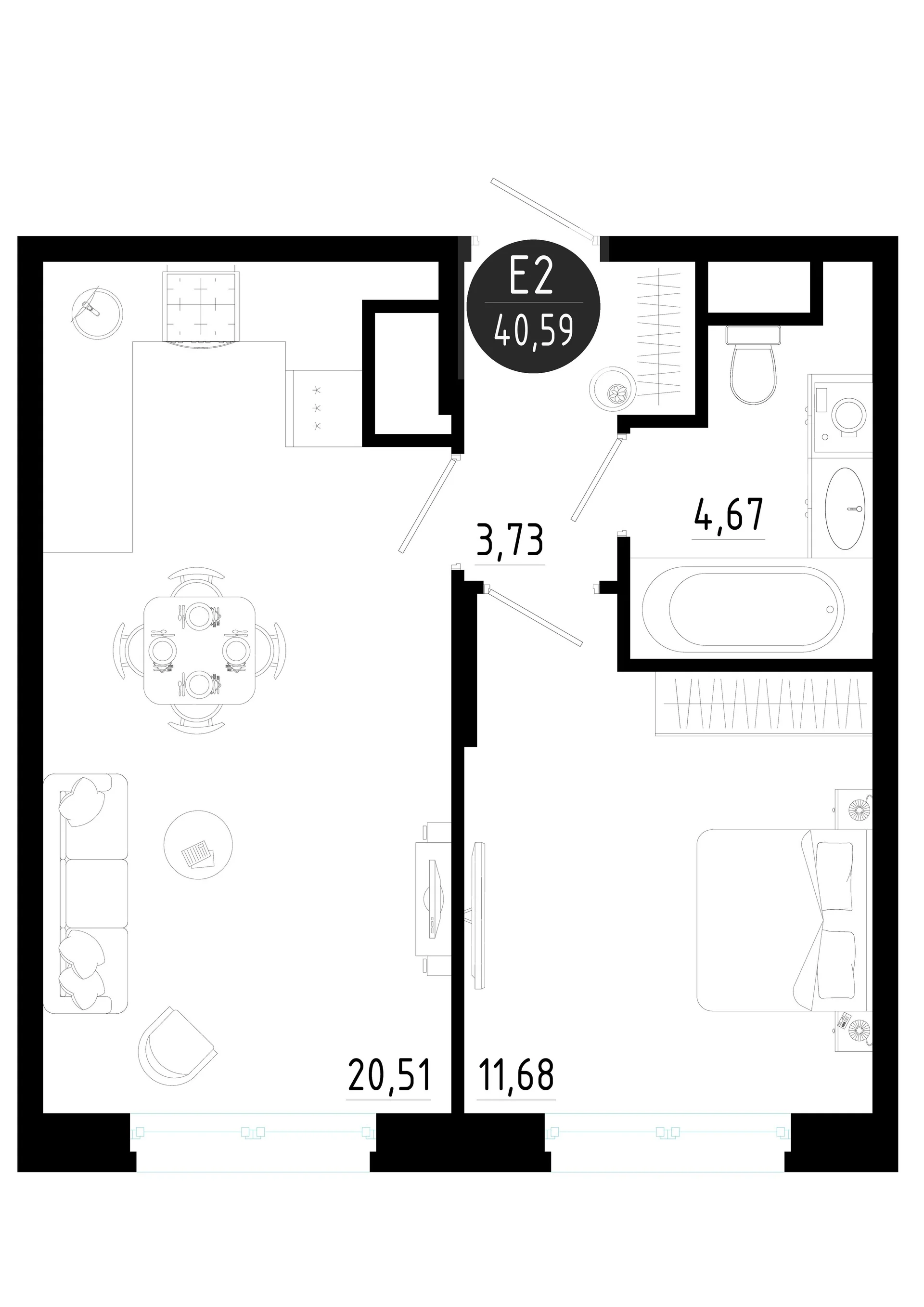 Планировка Квартира с одной спальней и гостиной 21 м² (Евро-2)