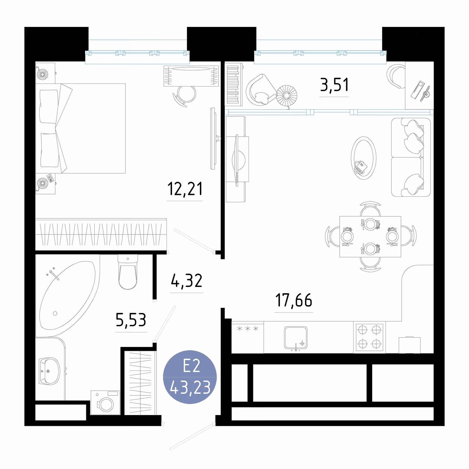 Планировка Квартира с одной спальней и гостиной 21 м² (Евро-2)