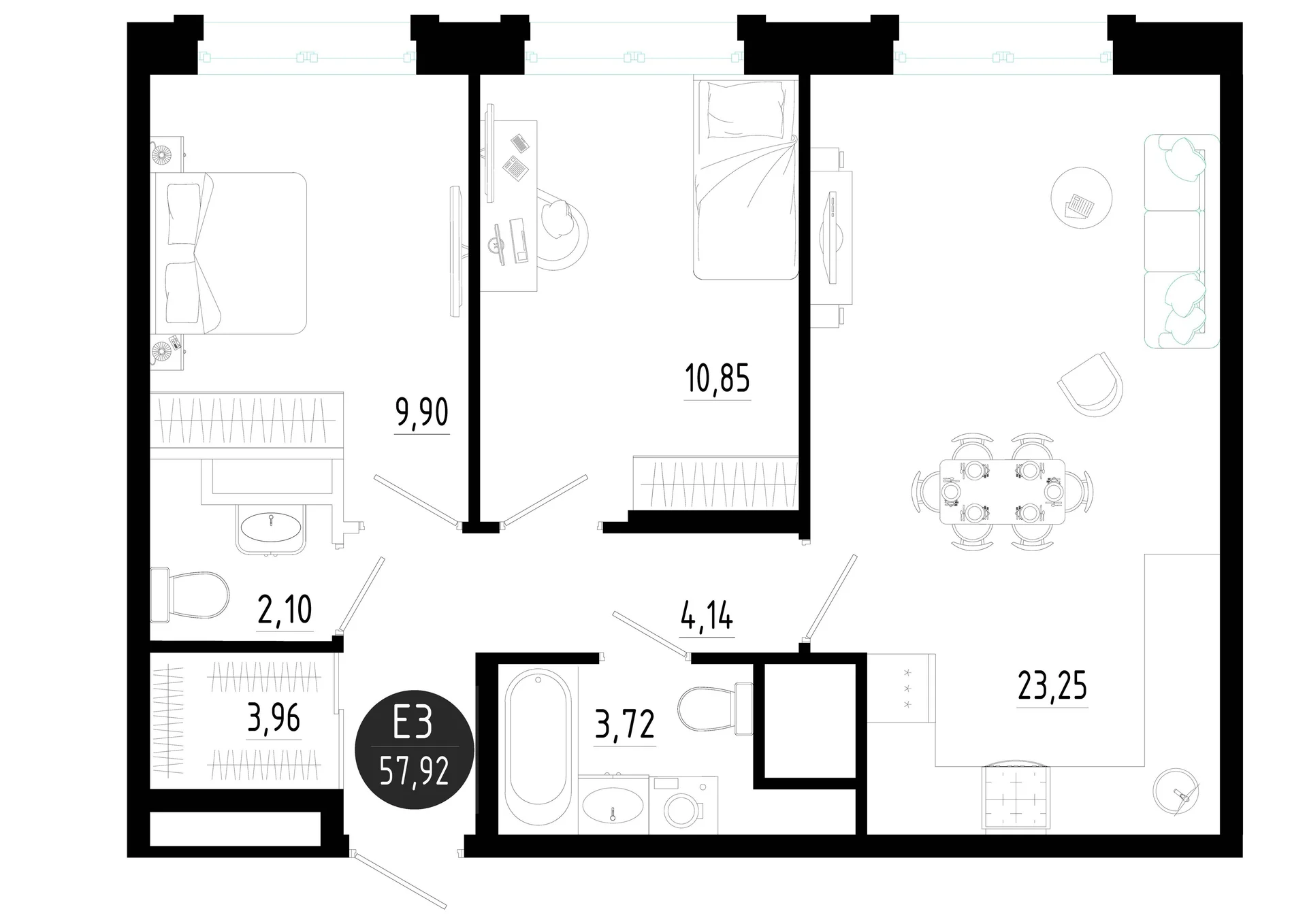 Планировка Квартира с двумя спальнями и гостиной 23 м² (Евро-3)