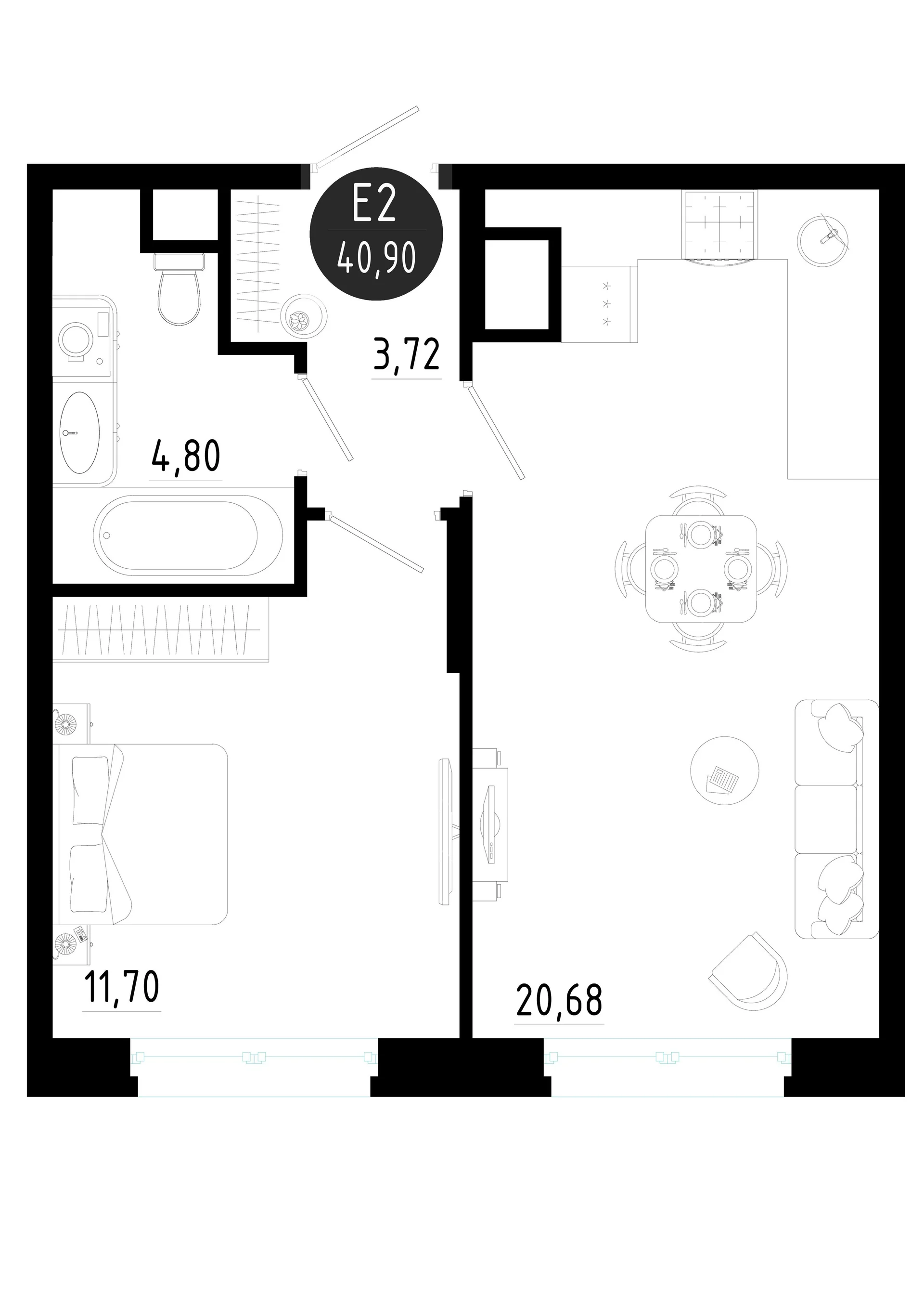 Планировка Квартира с одной спальней и гостиной 21 м² (Евро-2)