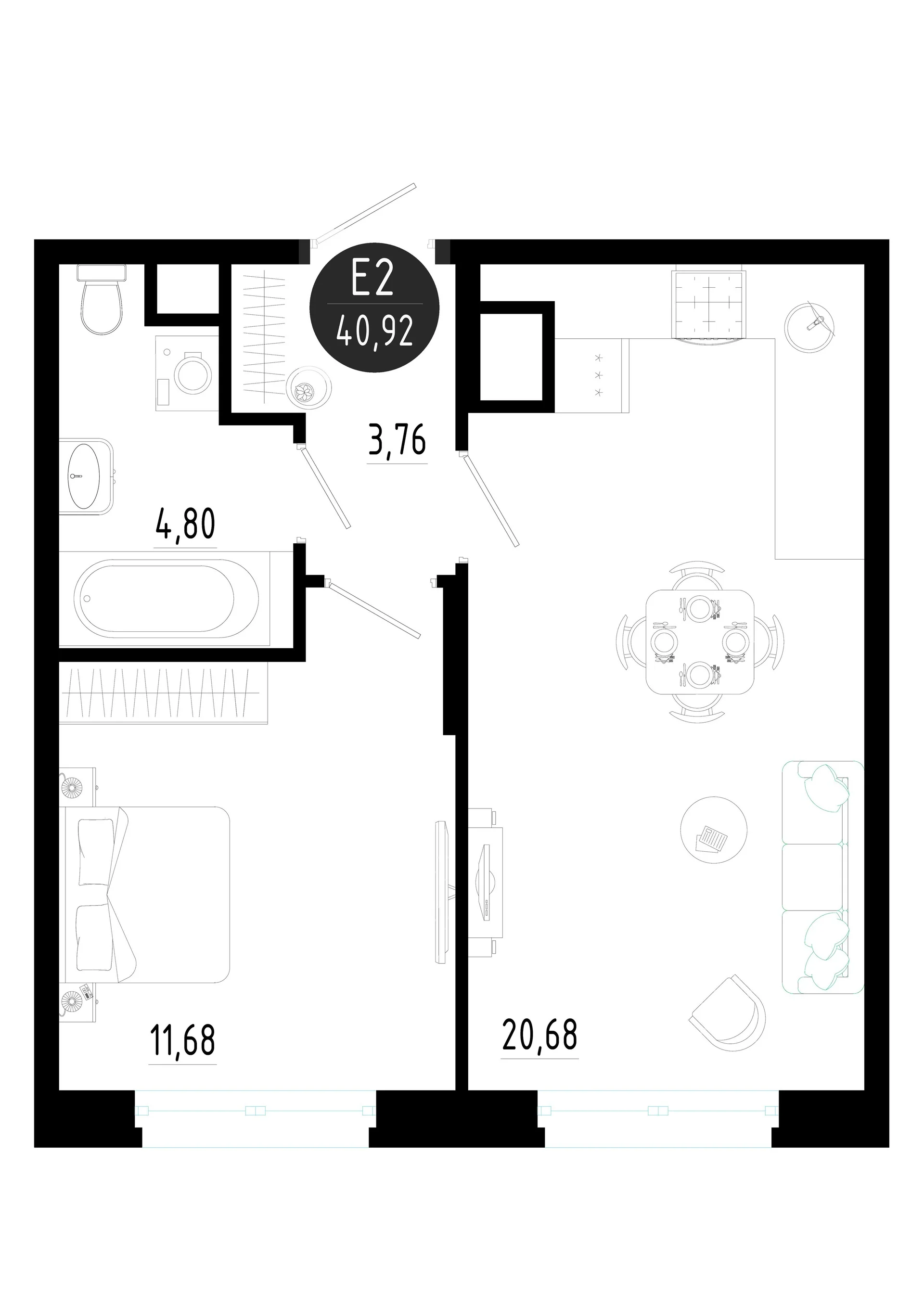 Планировка Квартира с одной спальней и гостиной 21 м² (Евро-2)