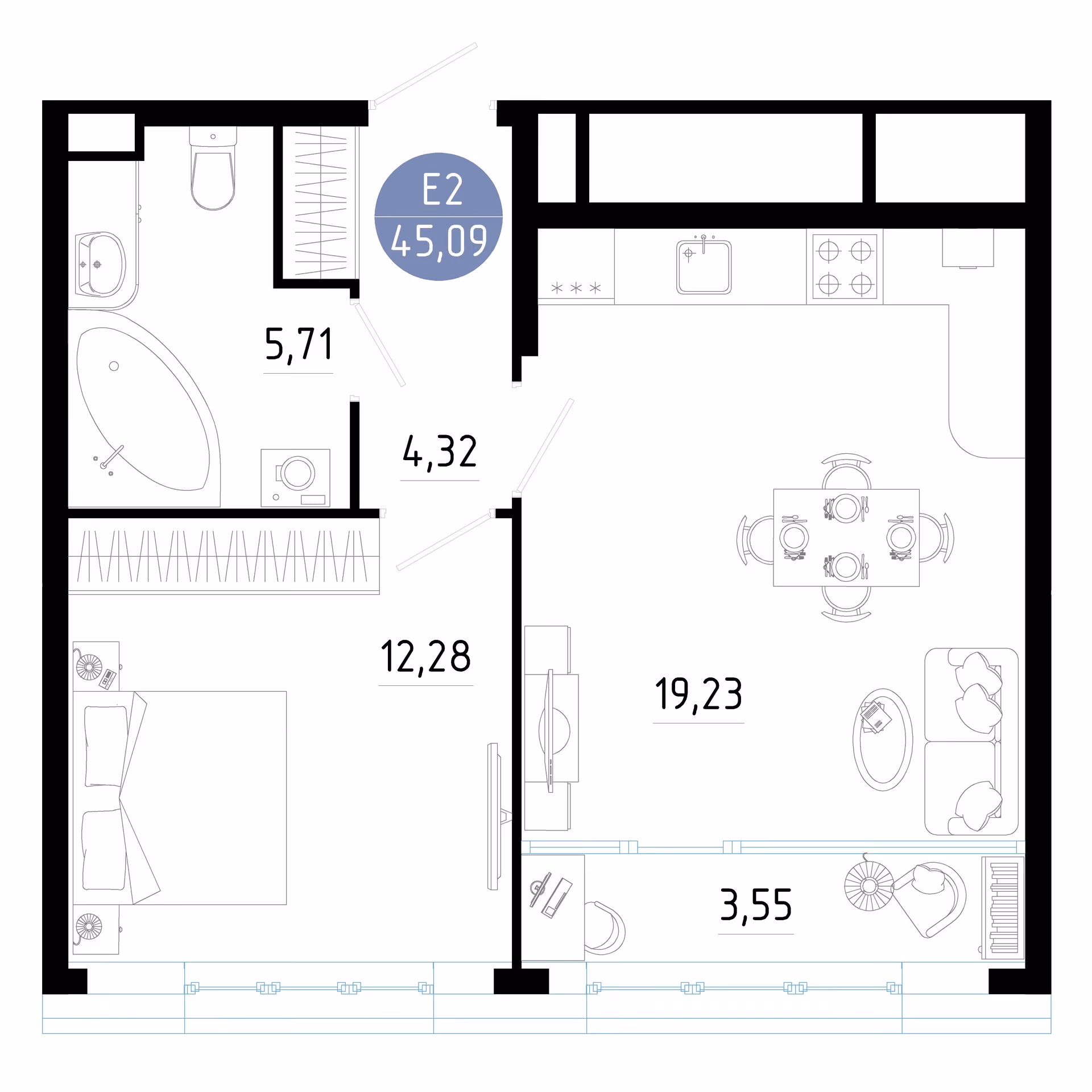 Планировка Квартира с одной спальней и гостиной 23 м² (Евро-2)