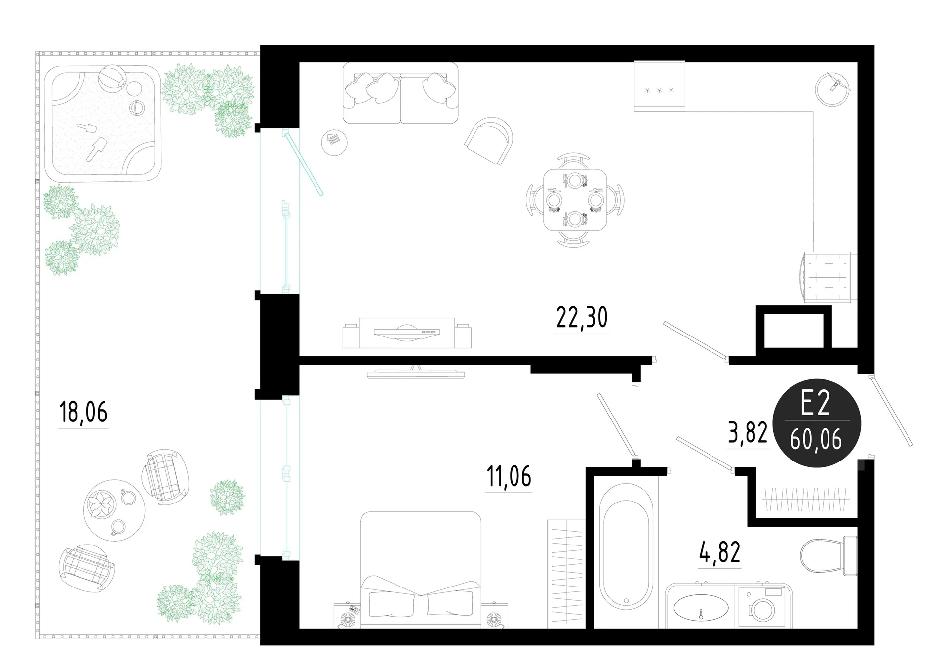 Планировка Квартира с одной спальней и гостиной 22 м² (Евро-2)