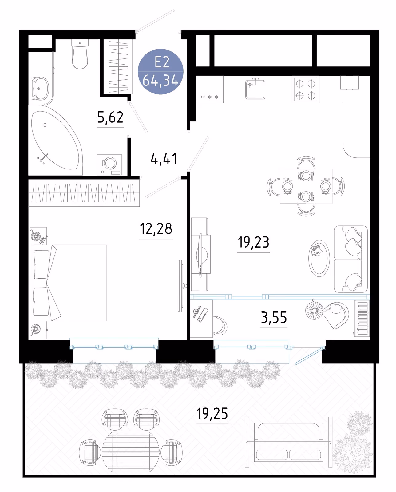 Планировка Квартира с одной спальней и гостиной 23 м² (Евро-2)