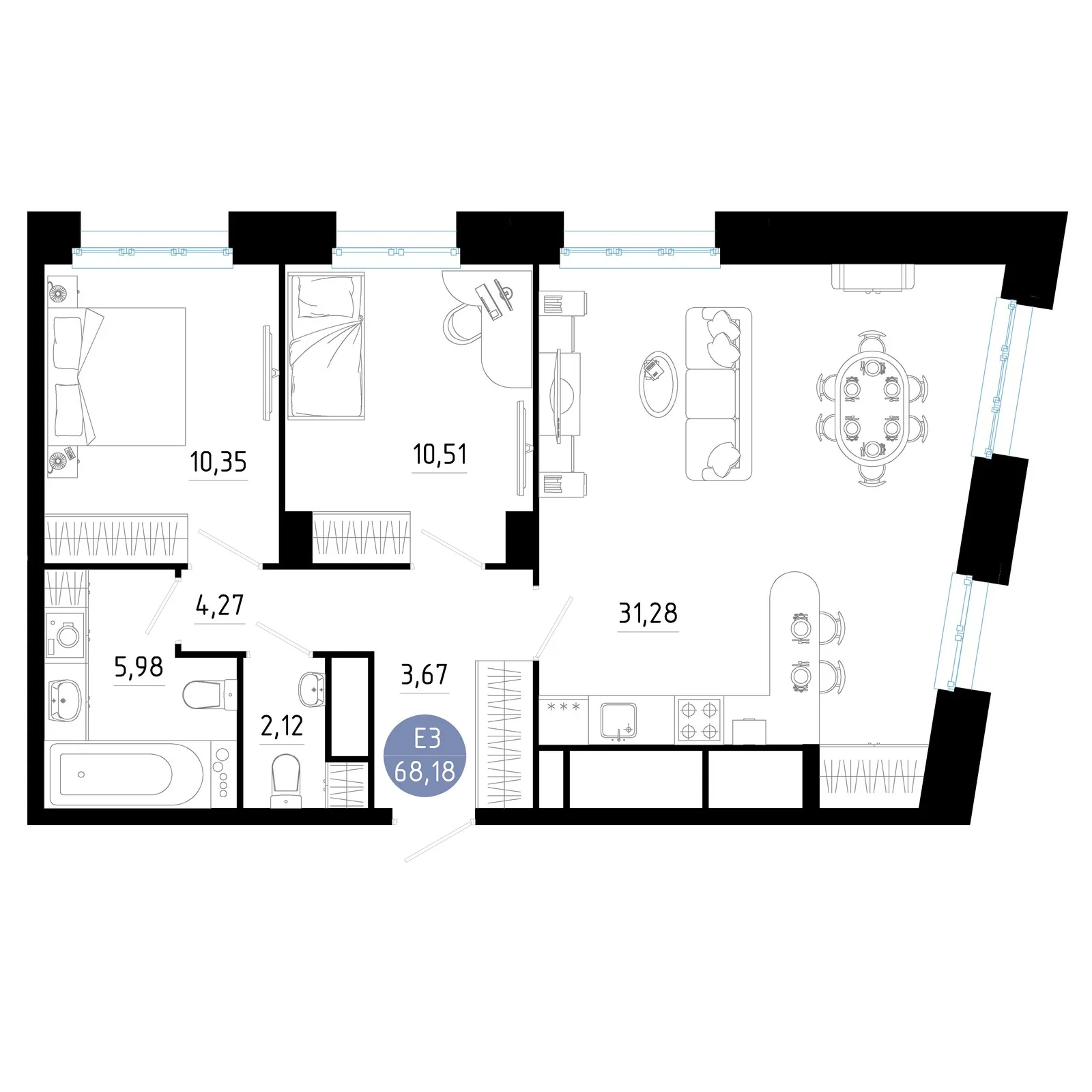 Планировка Квартира с двумя спальнями и гостиной 31 м² (Евро-3)