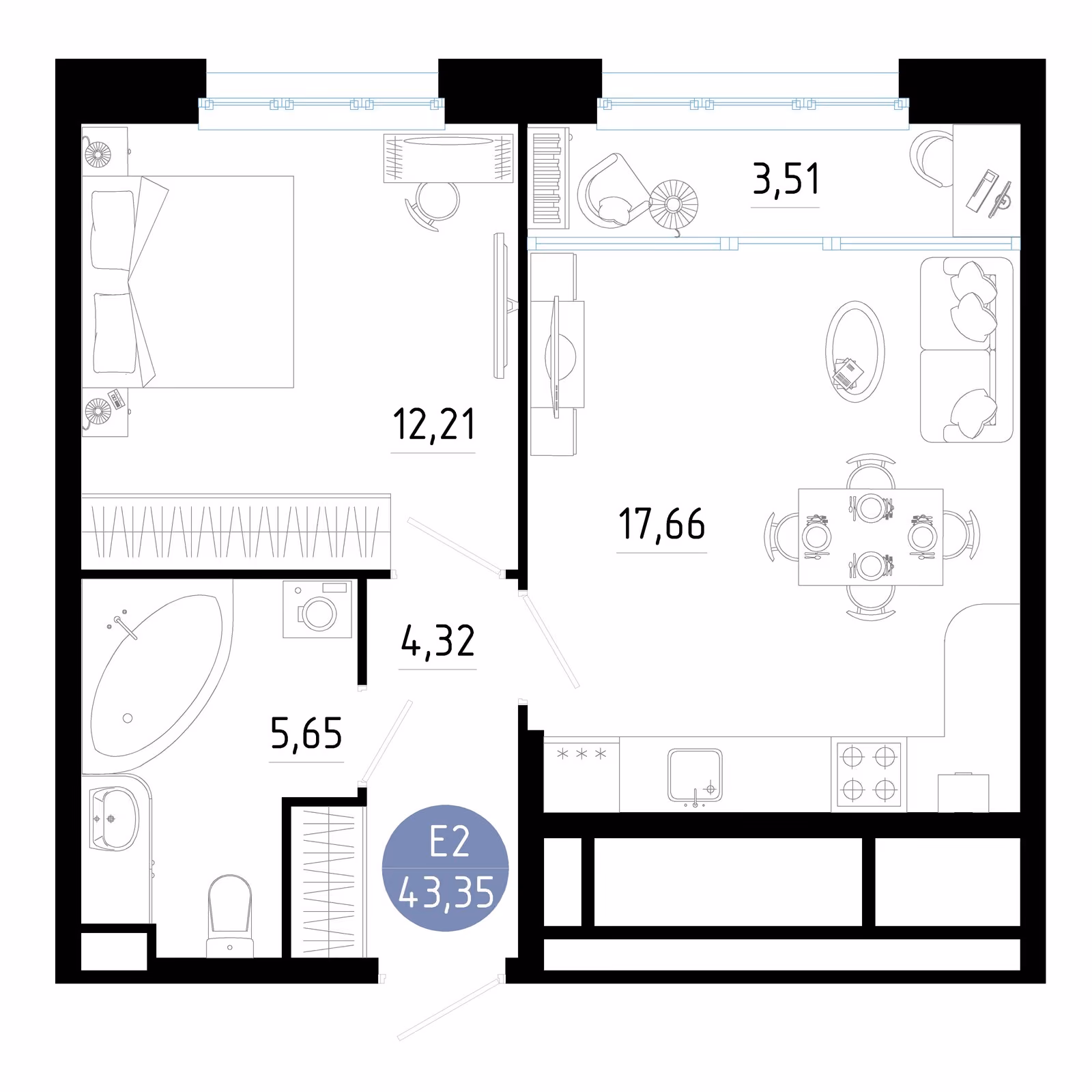 Планировка Квартира с одной спальней и гостиной 21 м² (Евро-2)