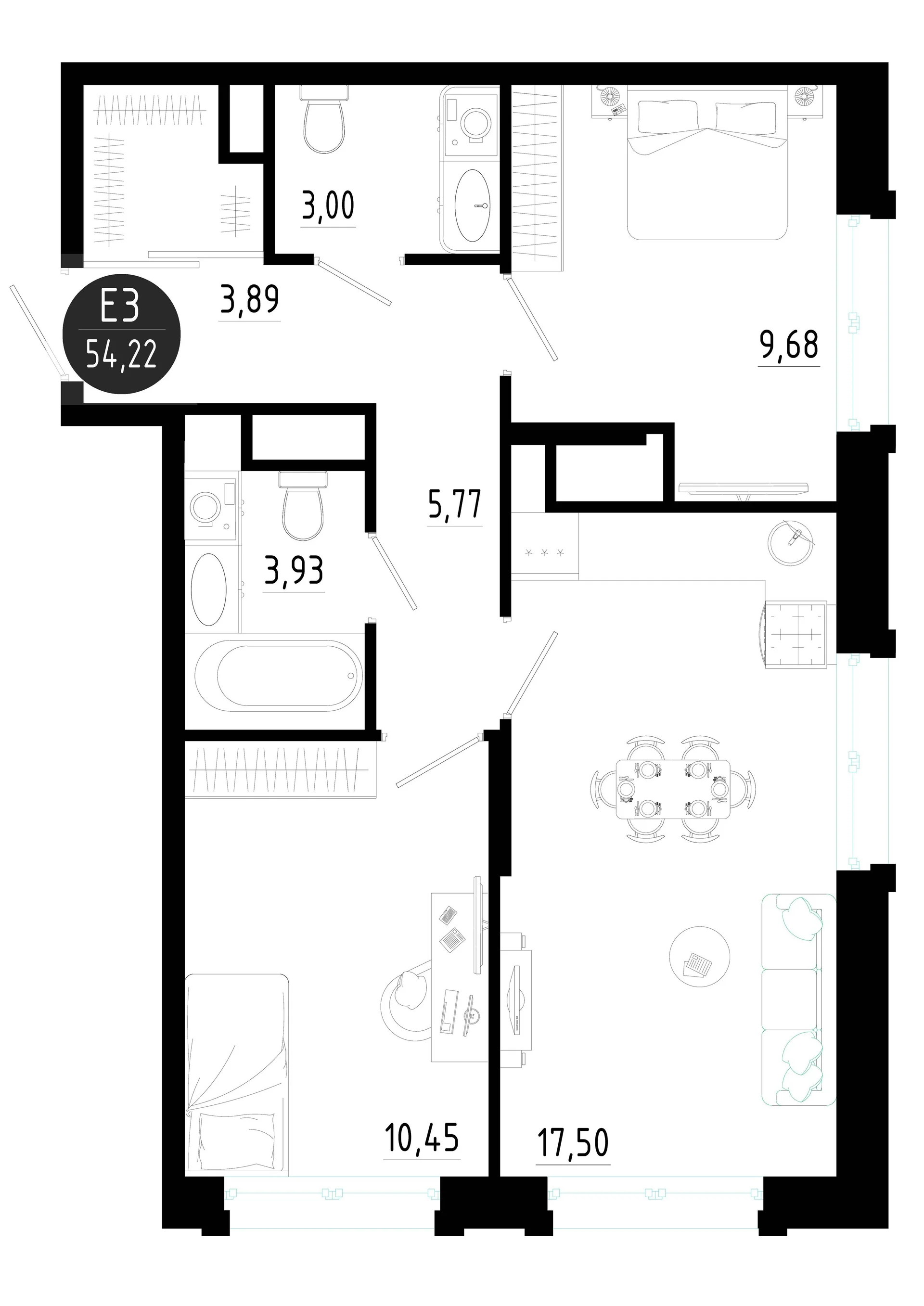 Планировка Квартира с двумя спальнями и гостиной 18 м² (Евро-3)