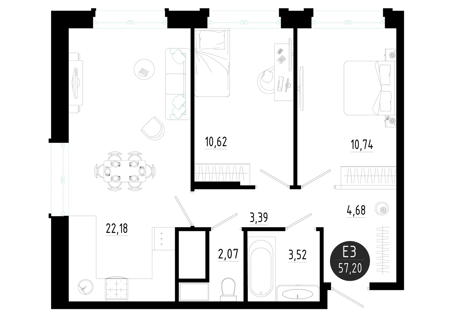 Планировка Квартира с двумя спальнями и гостиной 22 м² (Евро-3)