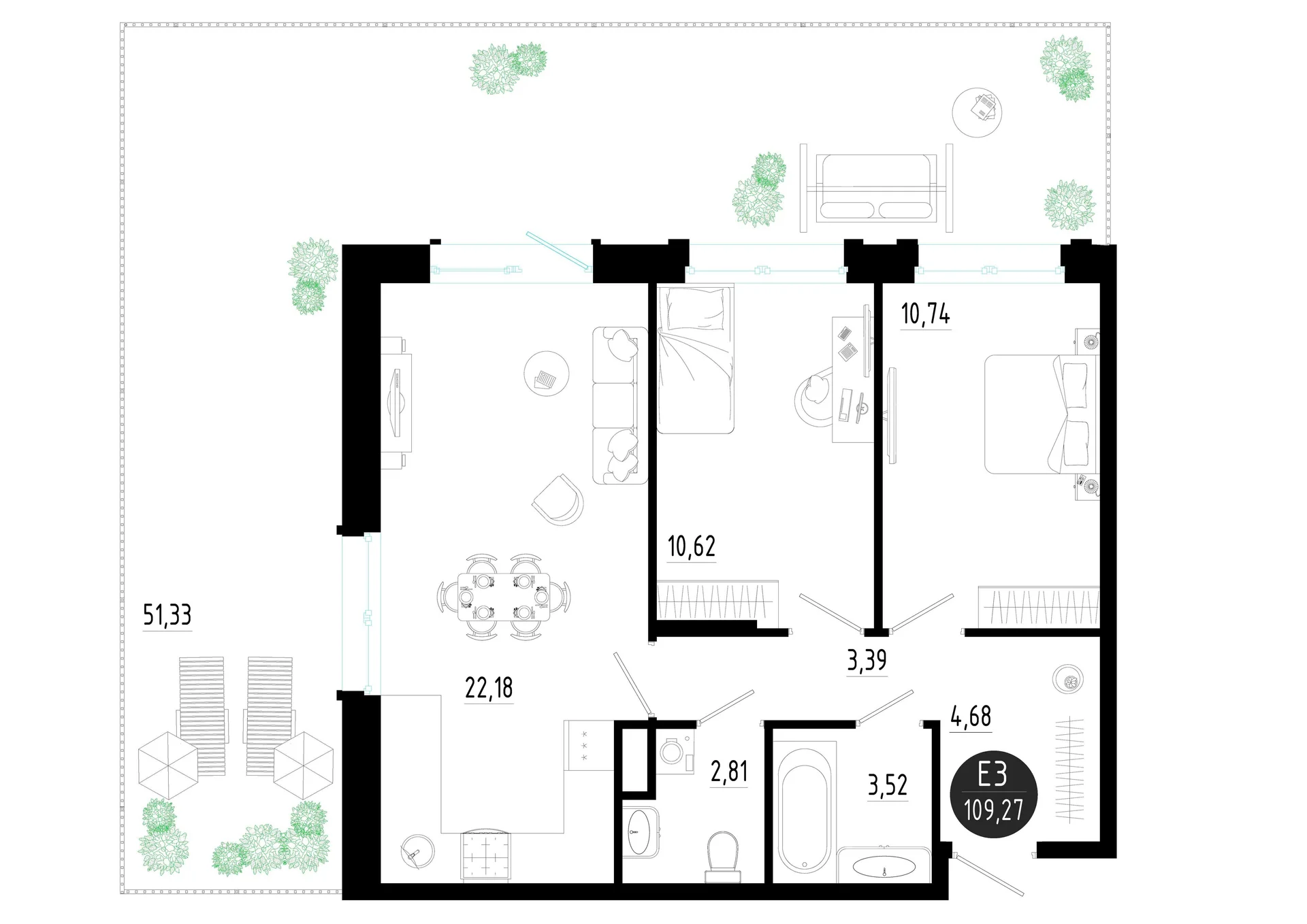 Планировка Квартира с двумя спальнями и гостиной 22 м² (Евро-3)