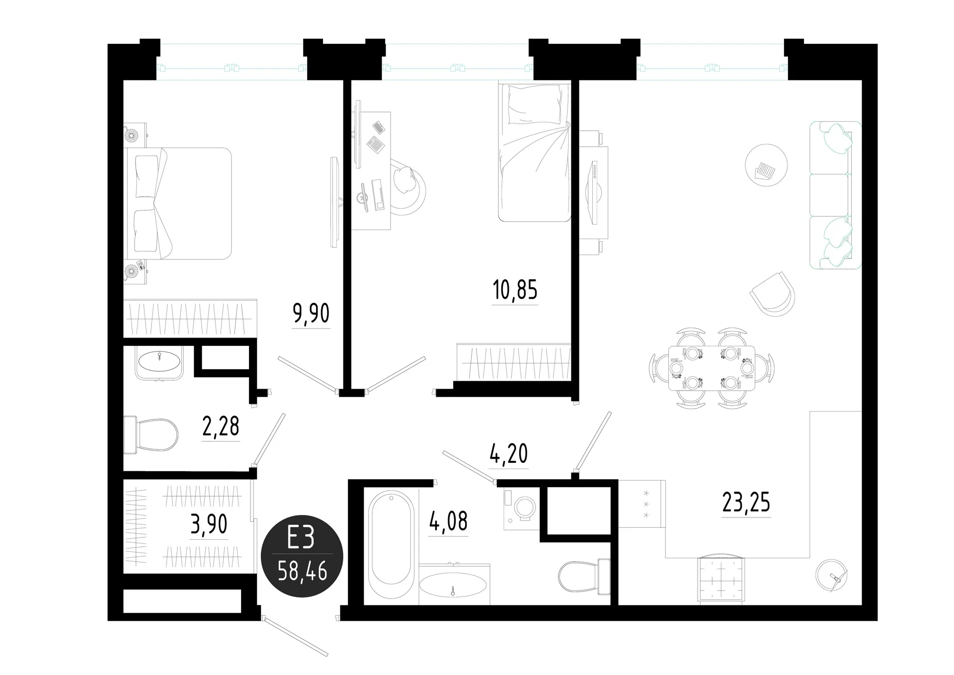 Планировка Квартира с двумя спальнями и гостиной 23 м² (Евро-3)