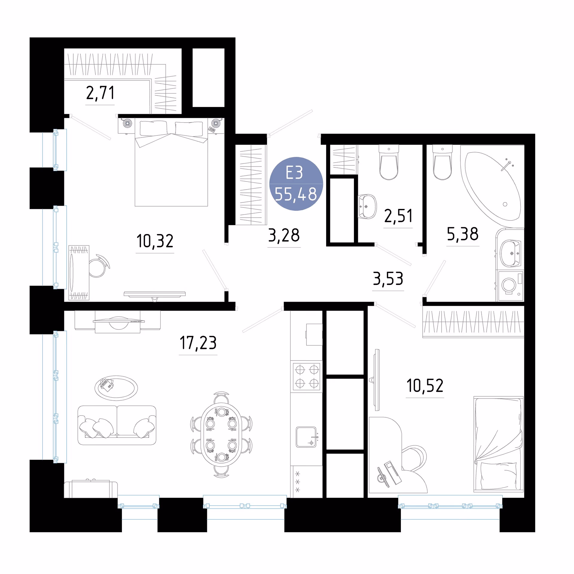 Планировка Квартира с двумя спальнями и гостиной 17 м² (Евро-3)