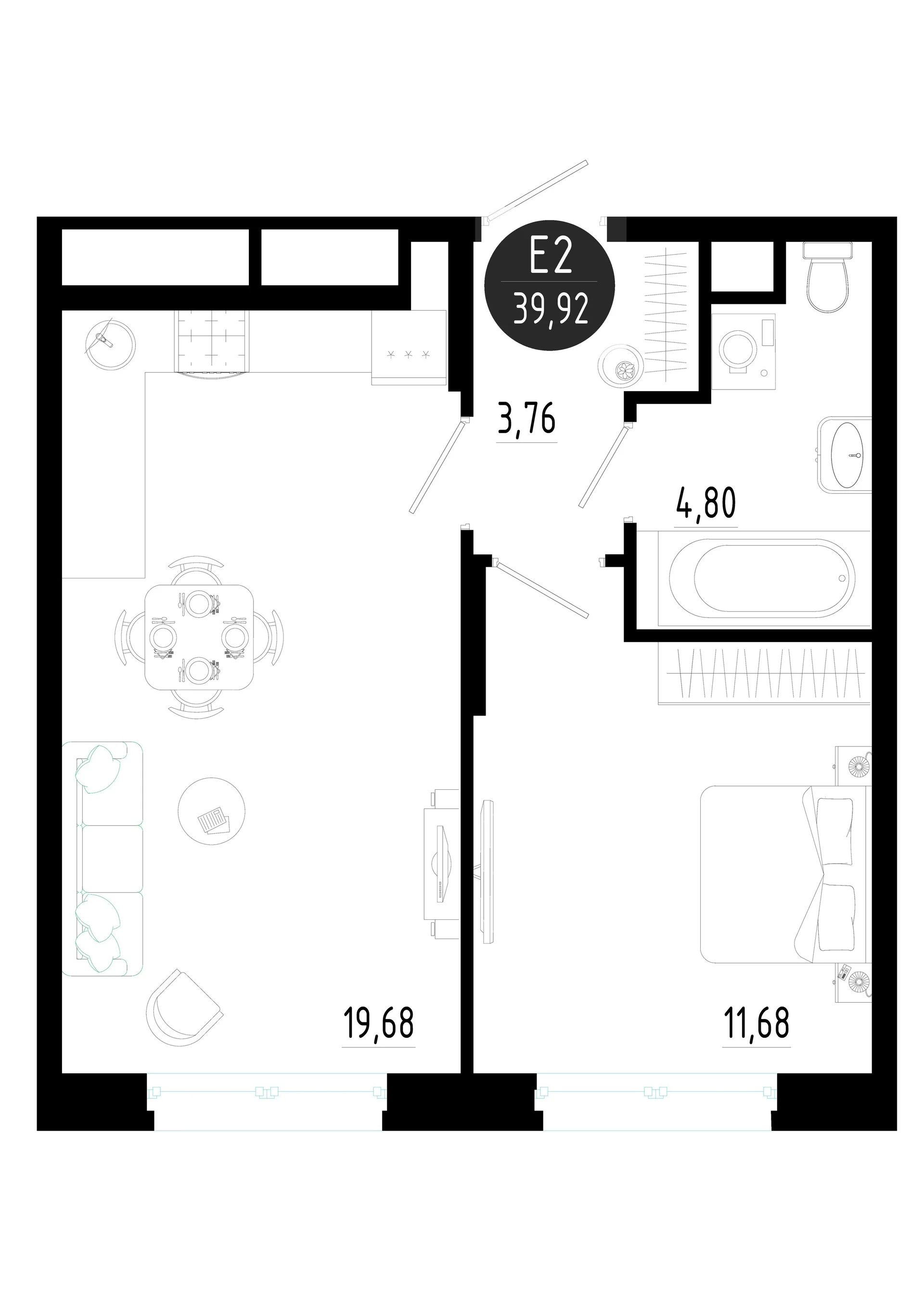 Планировка Квартира с одной спальней и гостиной 20 м² (Евро-2)