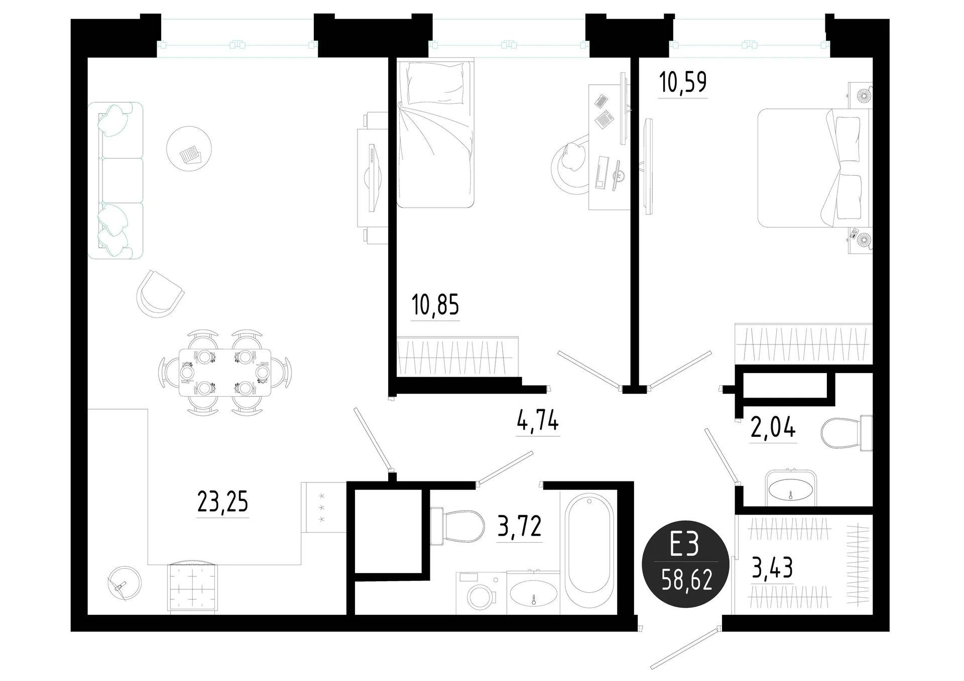Планировка Квартира с двумя спальнями и гостиной 23 м² (Евро-3)