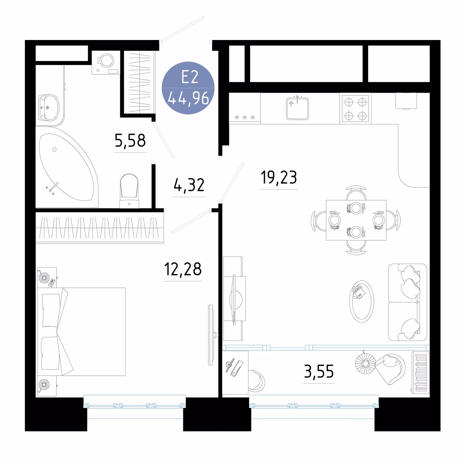 Планировка Квартира с одной спальней и гостиной 23 м² (Евро-2)