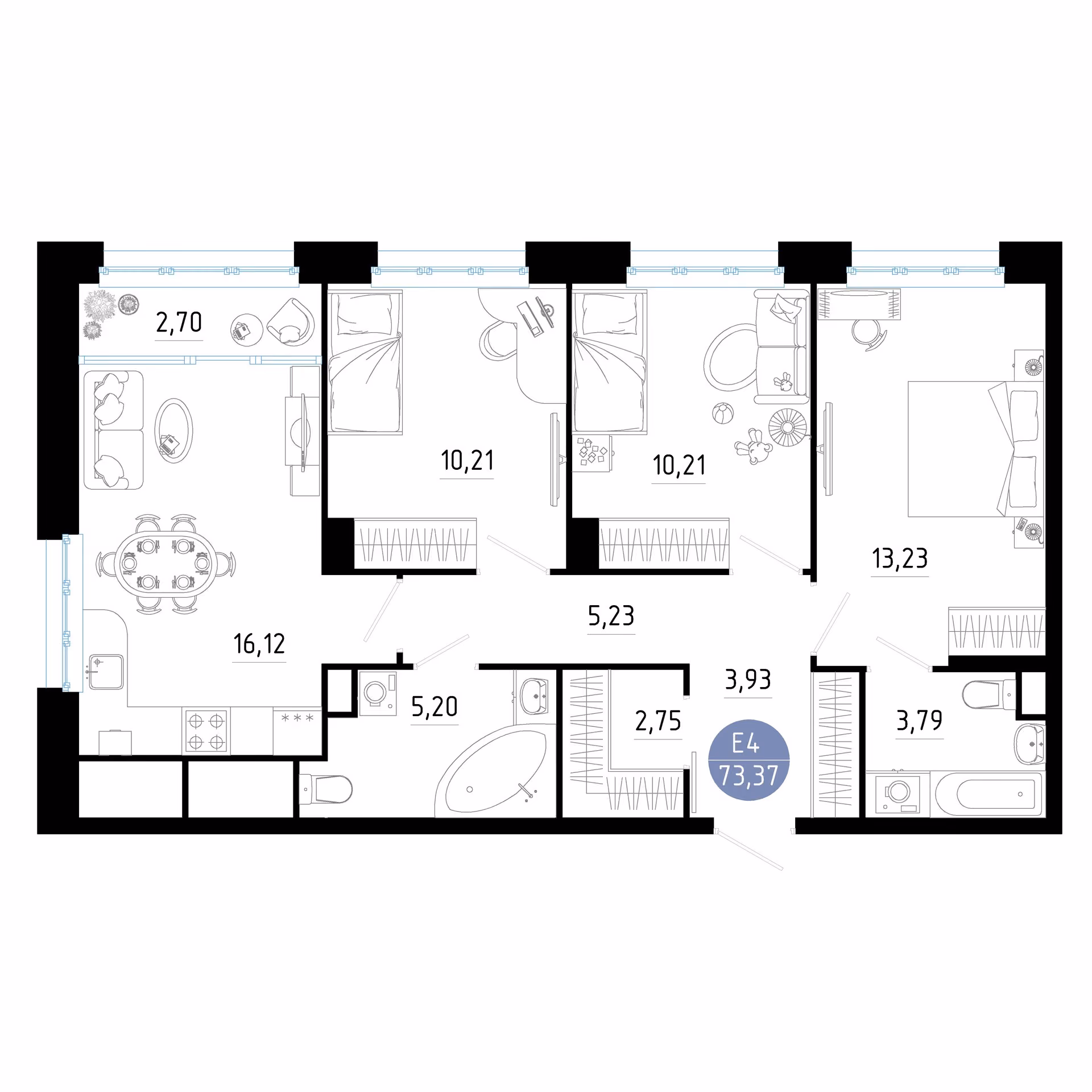 Планировка Квартира с тремя спальнями и гостиной 19 м² (Евро-4)