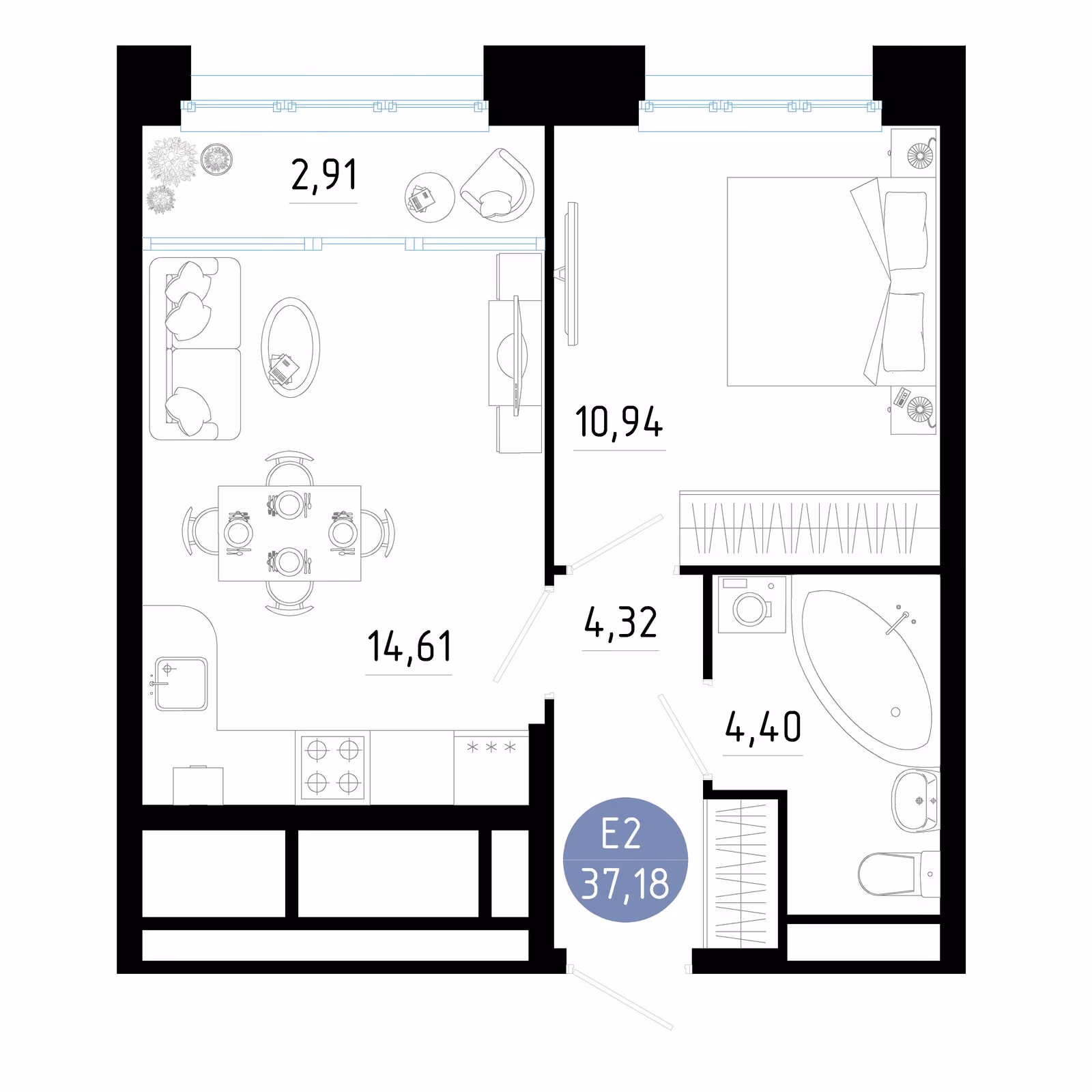 Планировка Квартира с одной спальней и гостиной 18 м² (Евро-2)