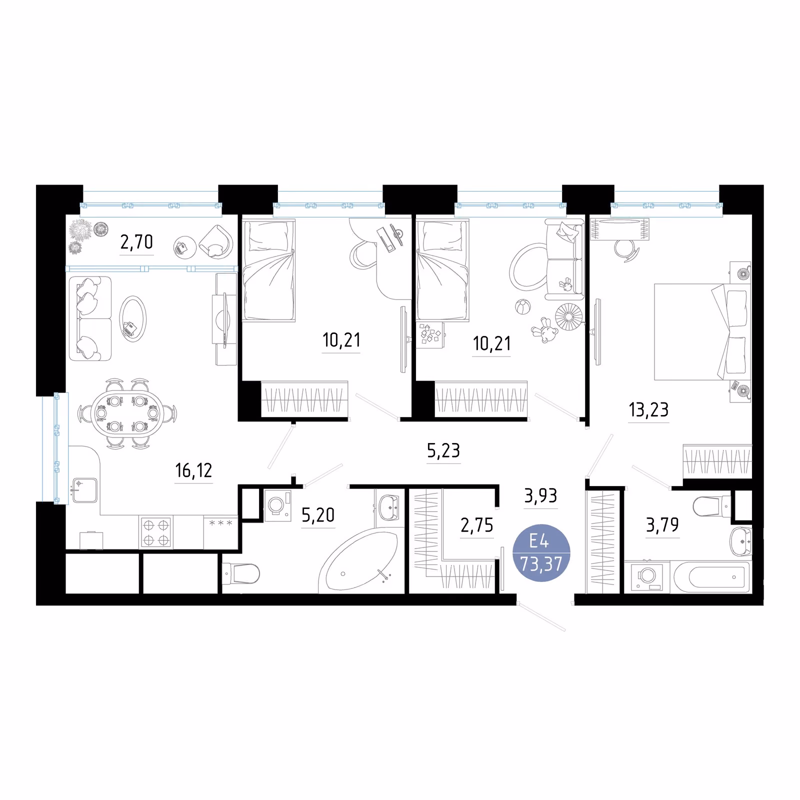 Планировка Квартира с тремя спальнями и гостиной 19 м² (Евро-4)
