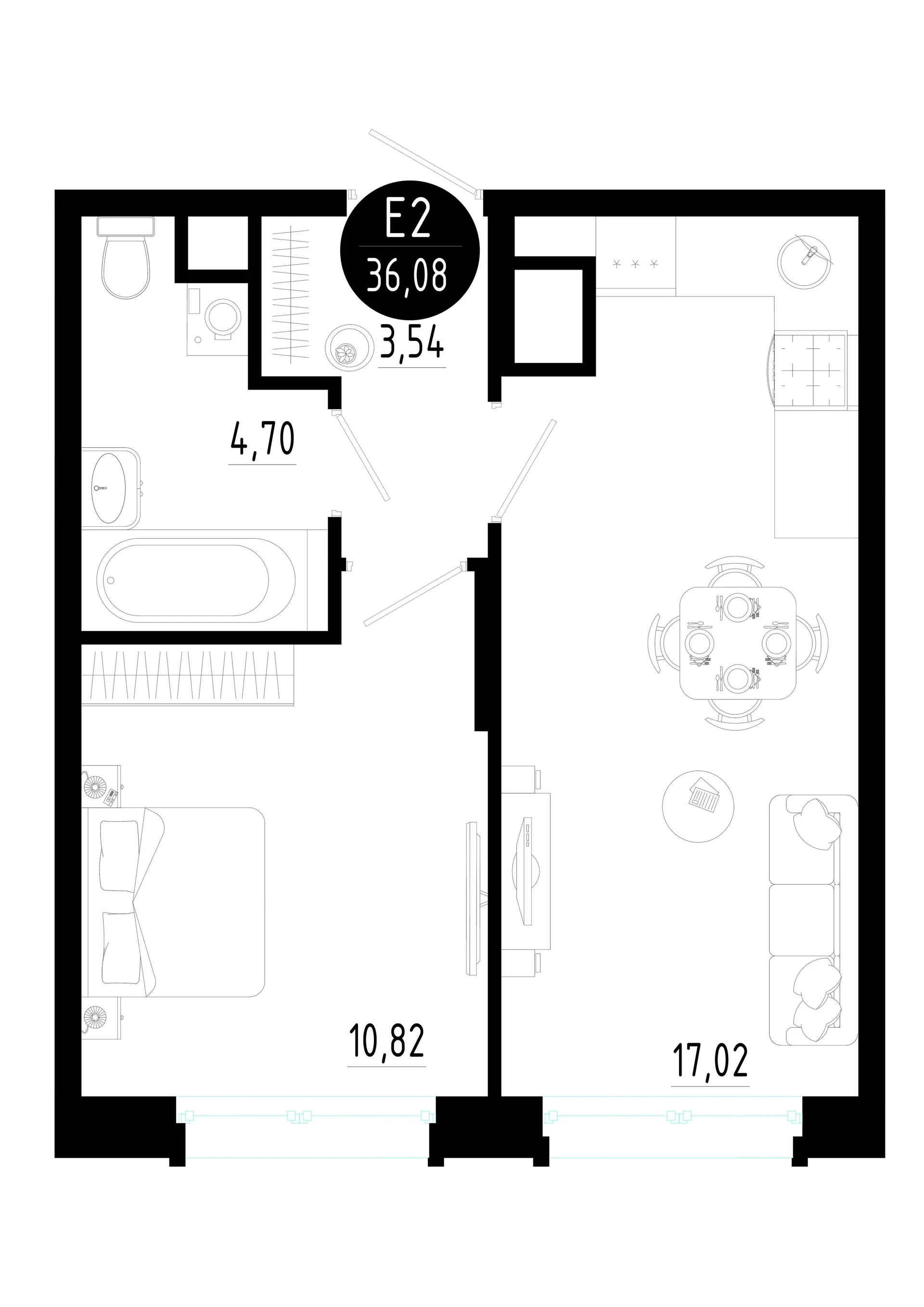 Планировка Квартира с одной спальней и гостиной 17 м² (Евро-2)