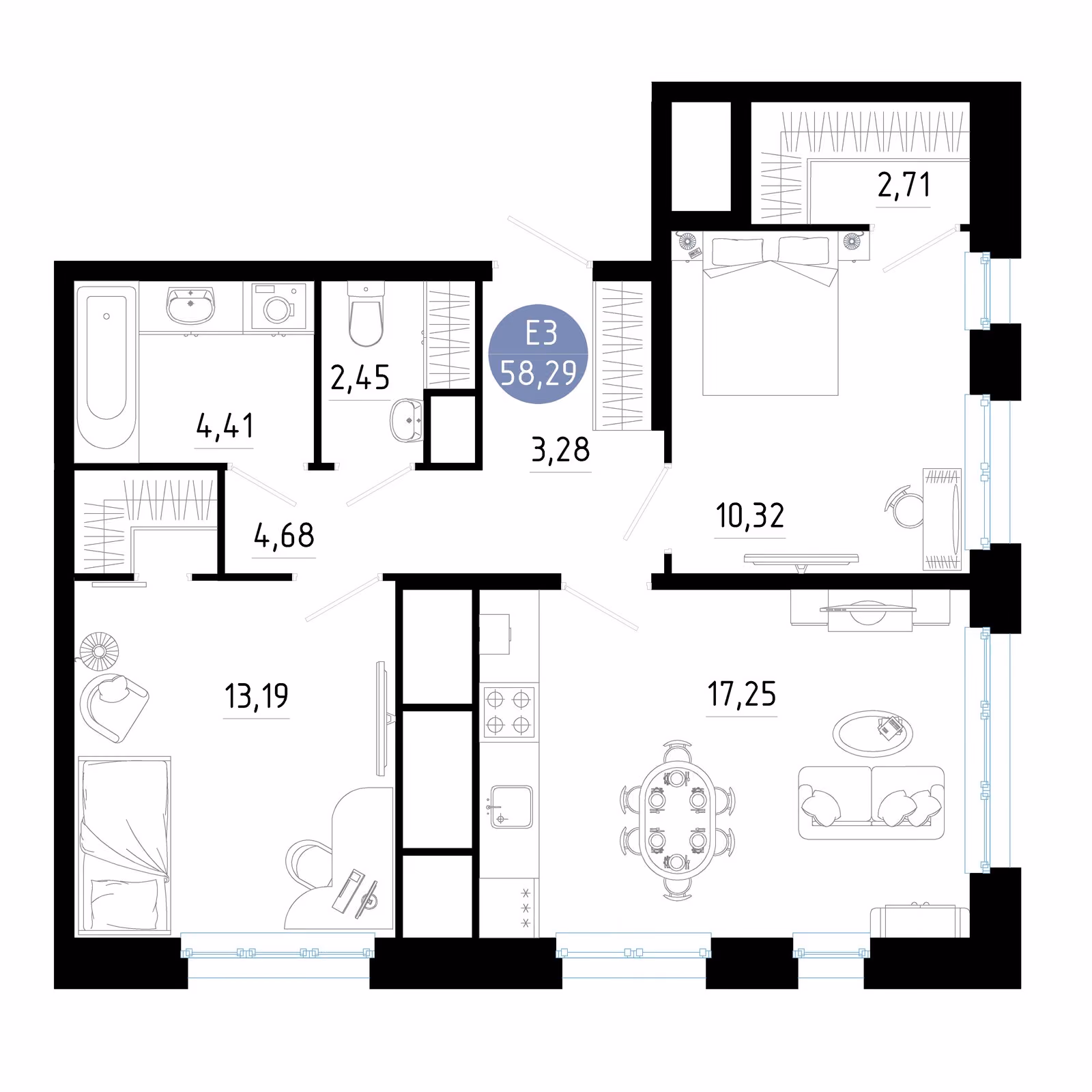 Планировка Квартира с двумя спальнями и гостиной 17 м² (Евро-3)