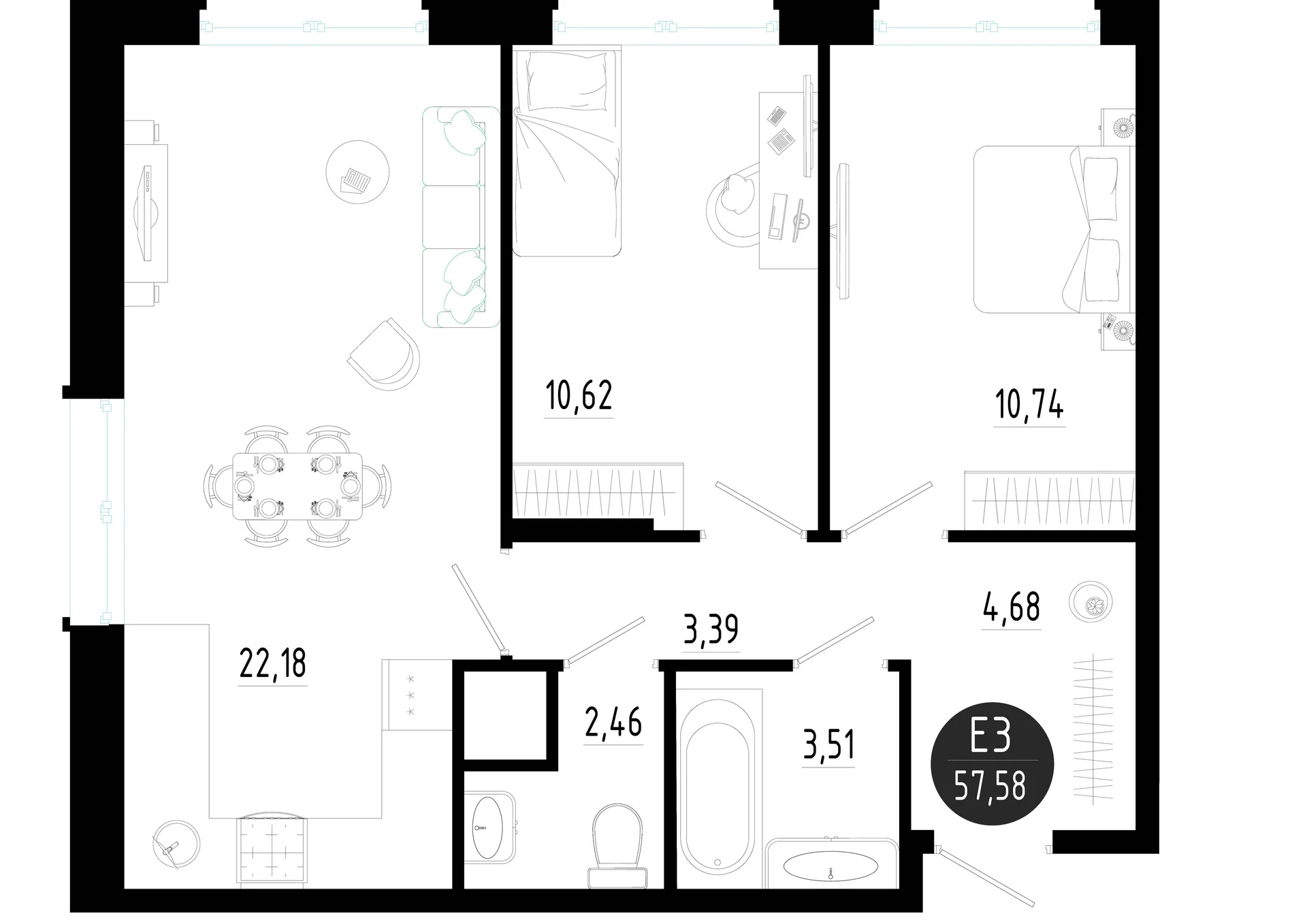 Планировка Квартира с двумя спальнями и гостиной 22 м² (Евро-3)