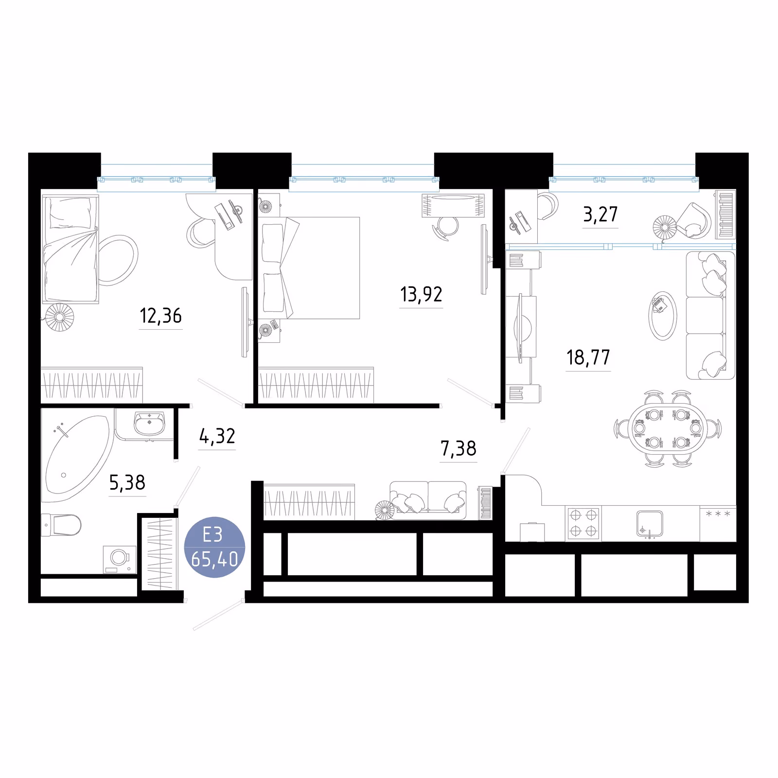Планировка Квартира с двумя спальнями и гостиной 22 м² (Евро-3)