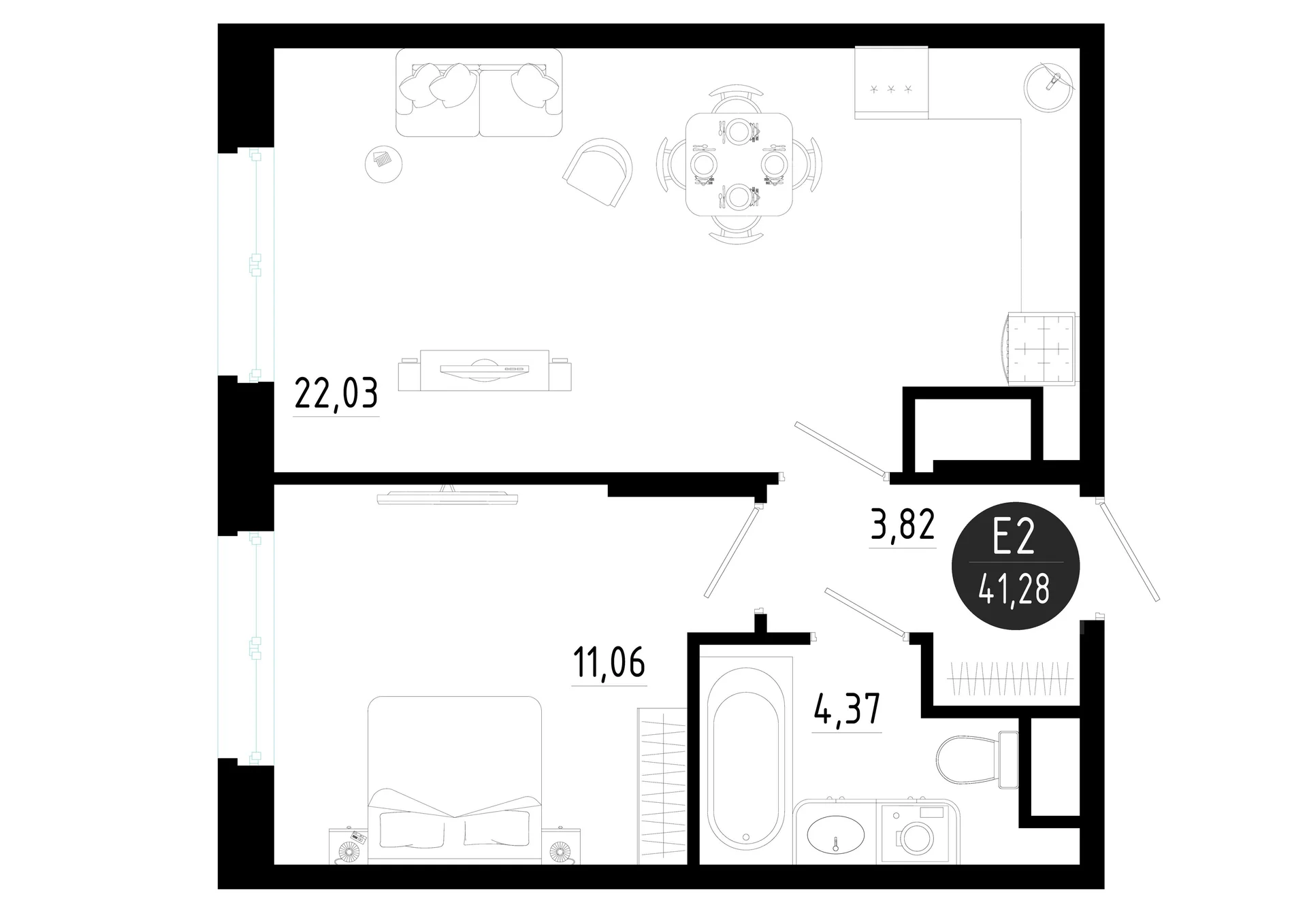 Планировка Квартира с одной спальней и гостиной 22 м² (Евро-2)