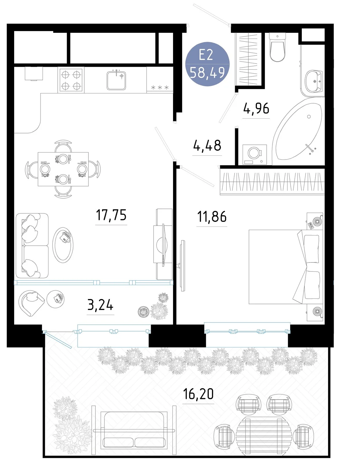 Планировка Квартира с одной спальней и гостиной 21 м² (Евро-2)