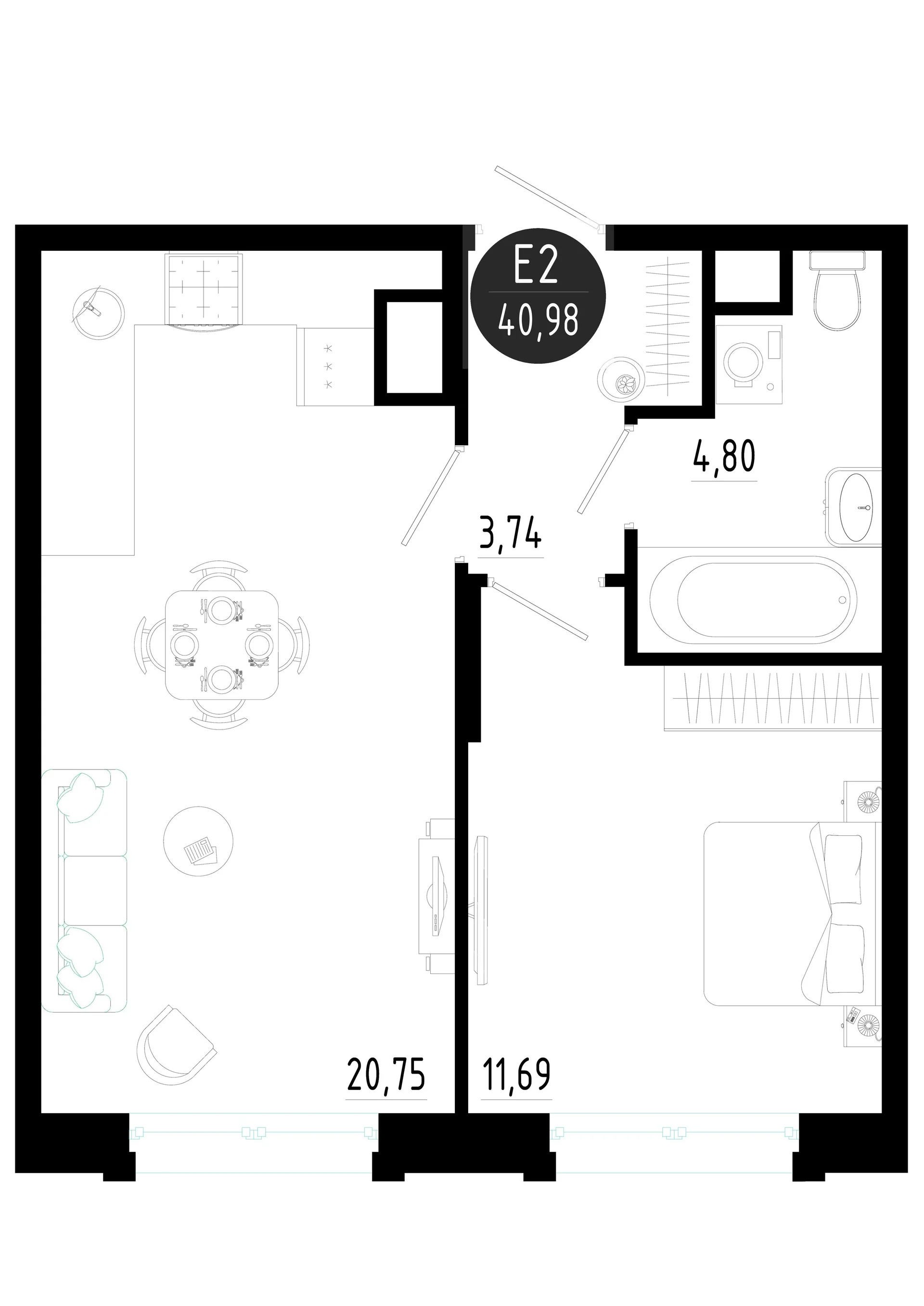 Планировка Квартира с одной спальней и гостиной 21 м² (Евро-2)