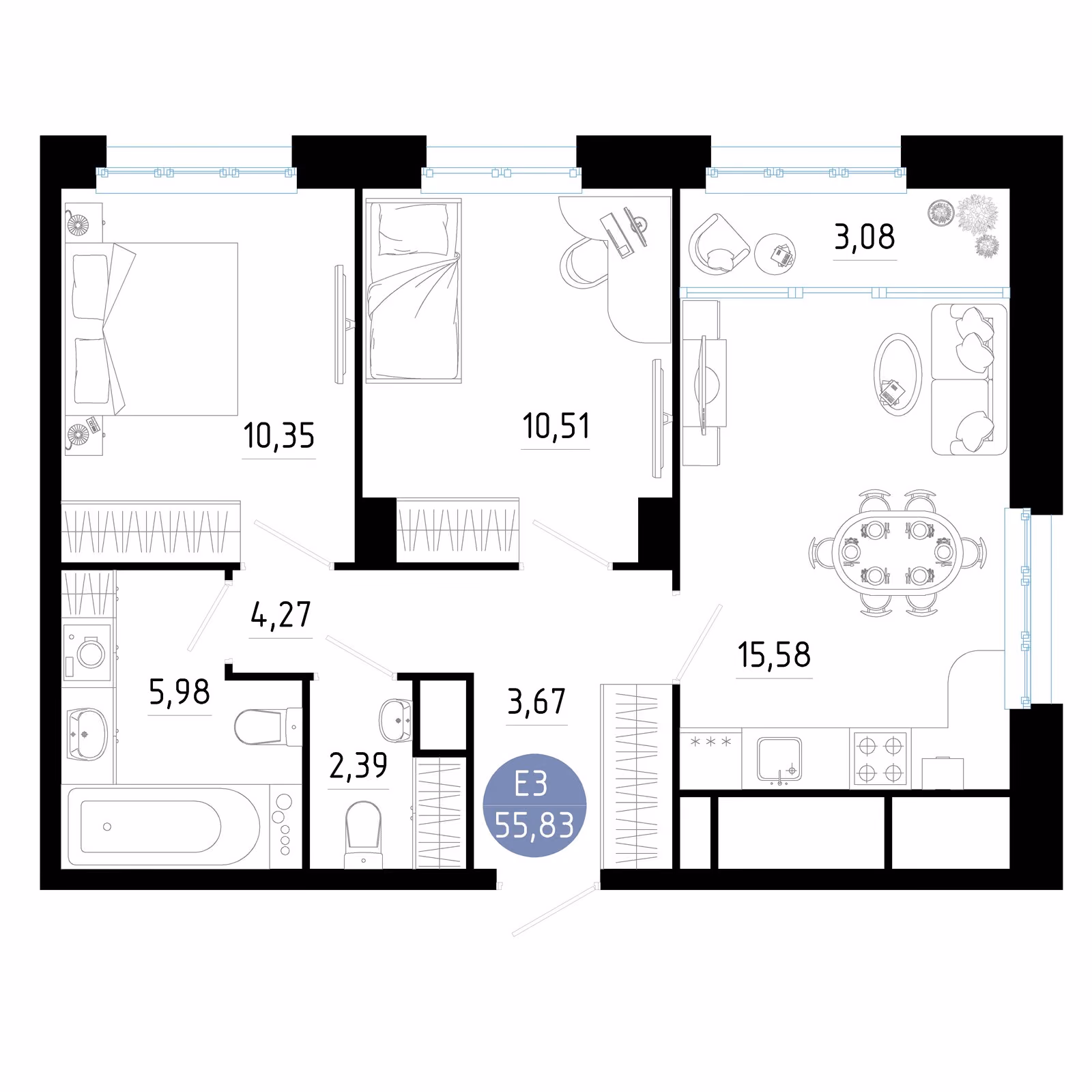 Планировка Квартира с двумя спальнями и гостиной 19 м² (Евро-3)