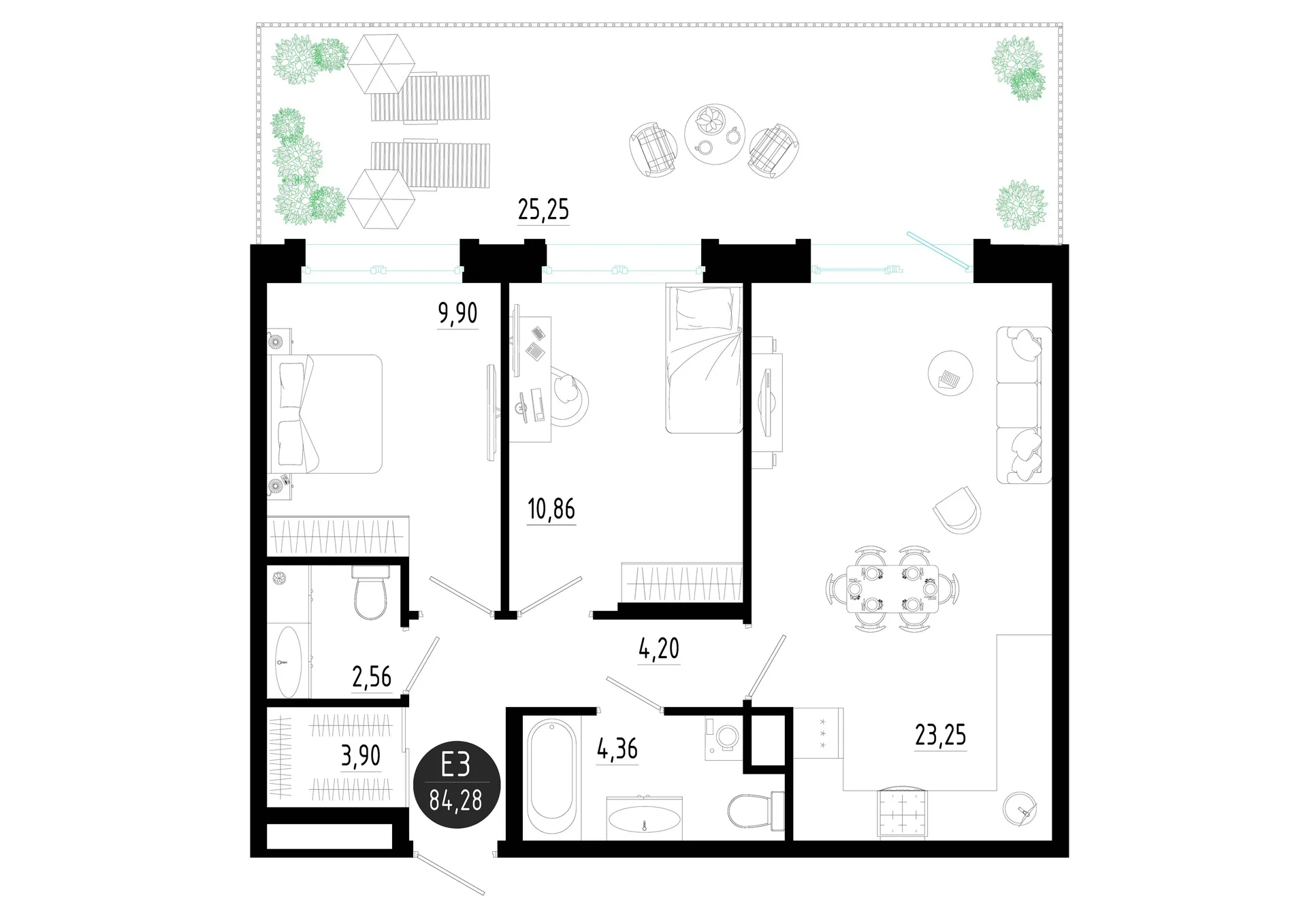 Планировка Квартира с двумя спальнями и гостиной 23 м² (Евро-3)